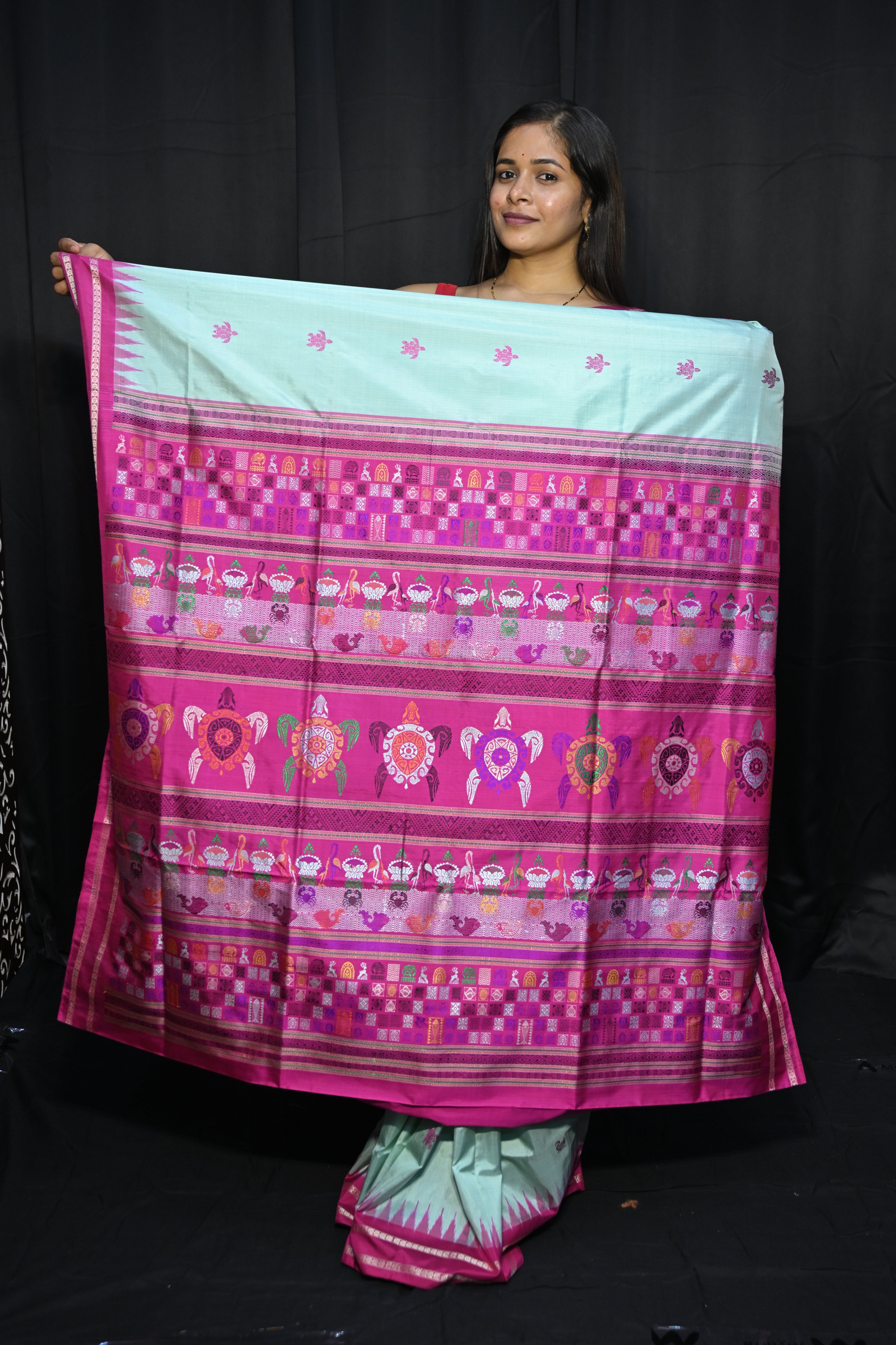 Sea Green Magenta Chilika Theme Exclusive Sambalpuri Silk Saree
