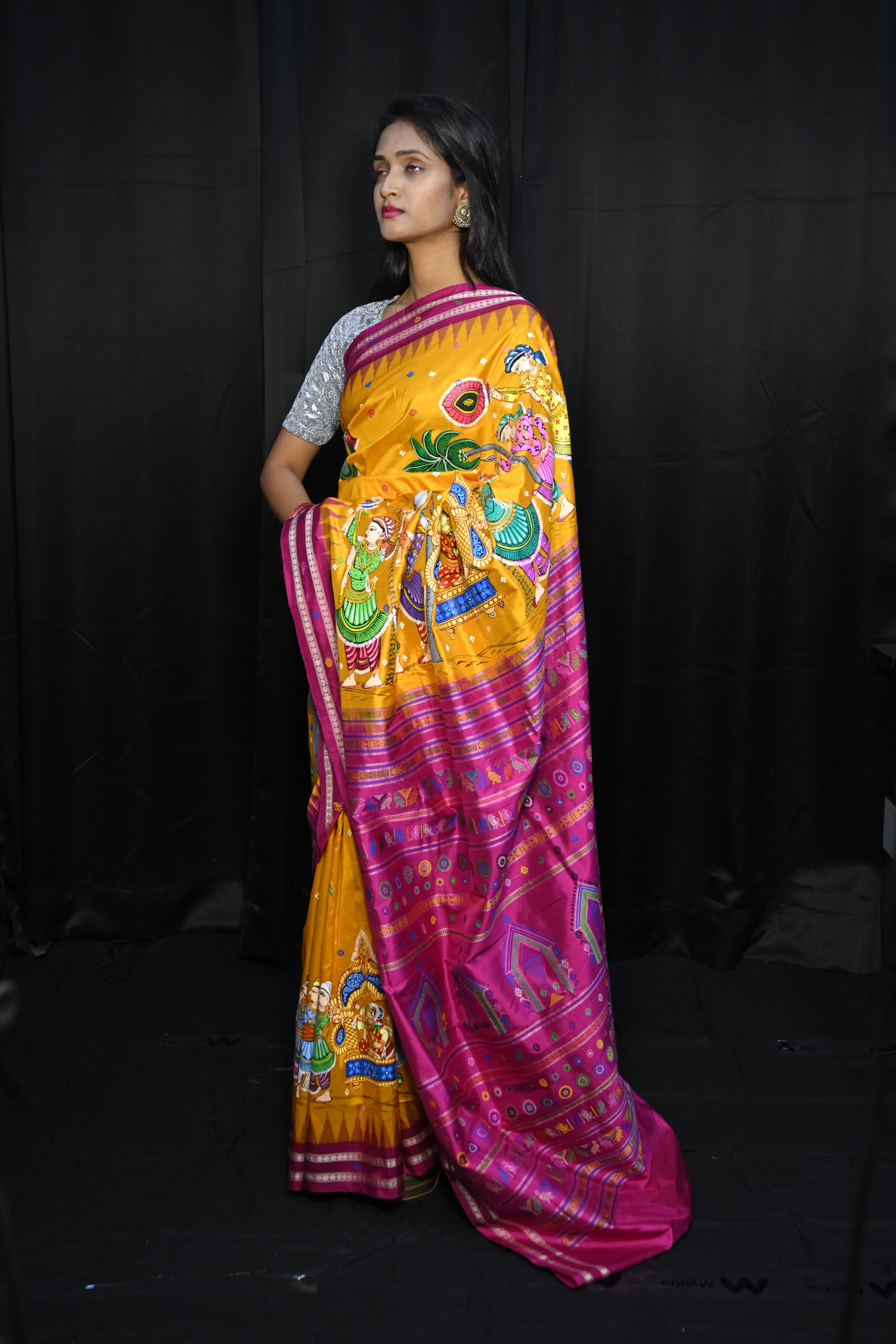 Yellow Magenta Marriage Dolabedi Theme Pattachitra Silk Saree