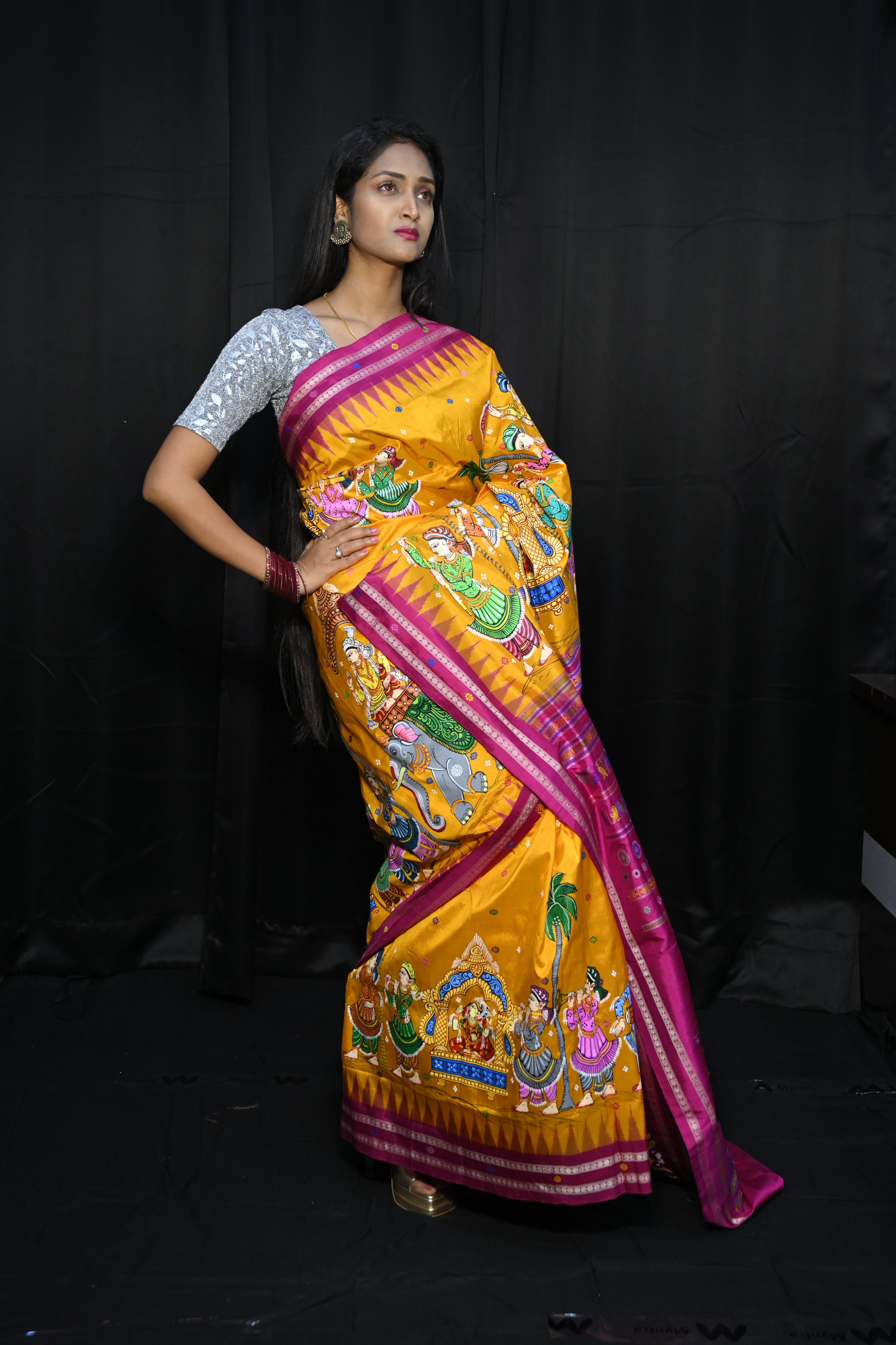 Yellow Magenta Marriage Dolabedi Theme Pattachitra Silk Saree