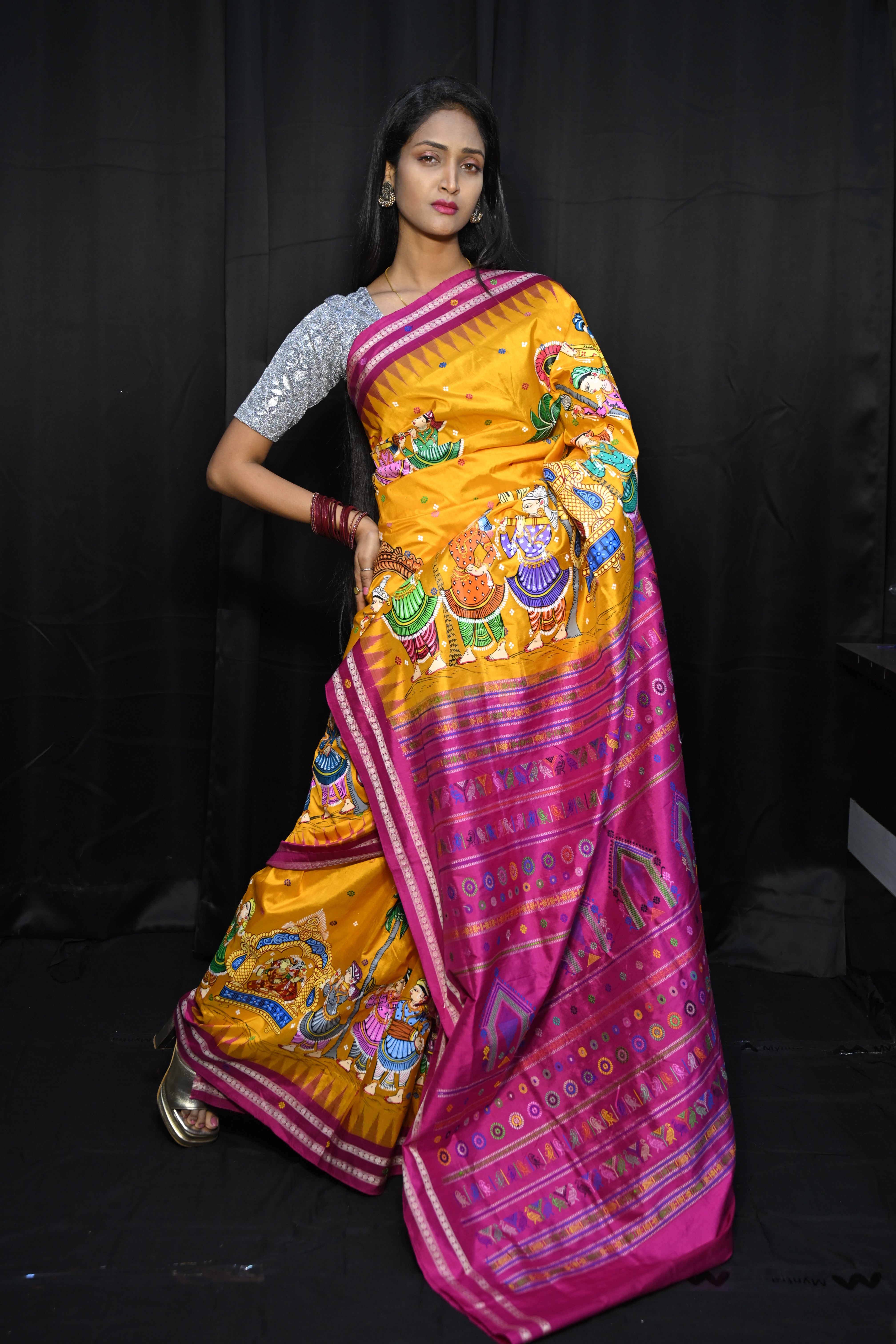 Yellow Magenta Marriage Dolabedi Theme Pattachitra Silk Saree