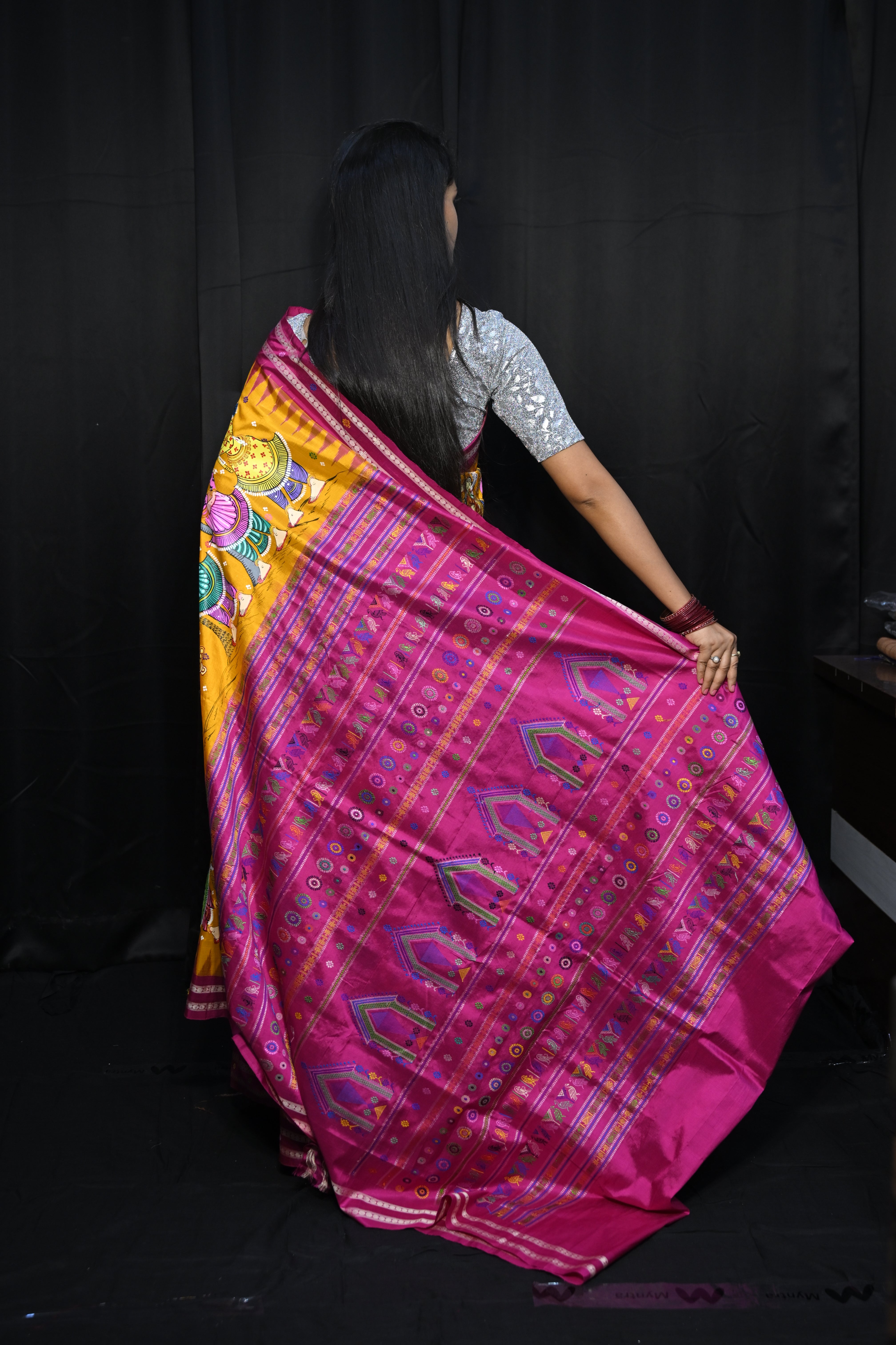 Yellow Magenta Marriage Dolabedi Theme Pattachitra Silk Saree