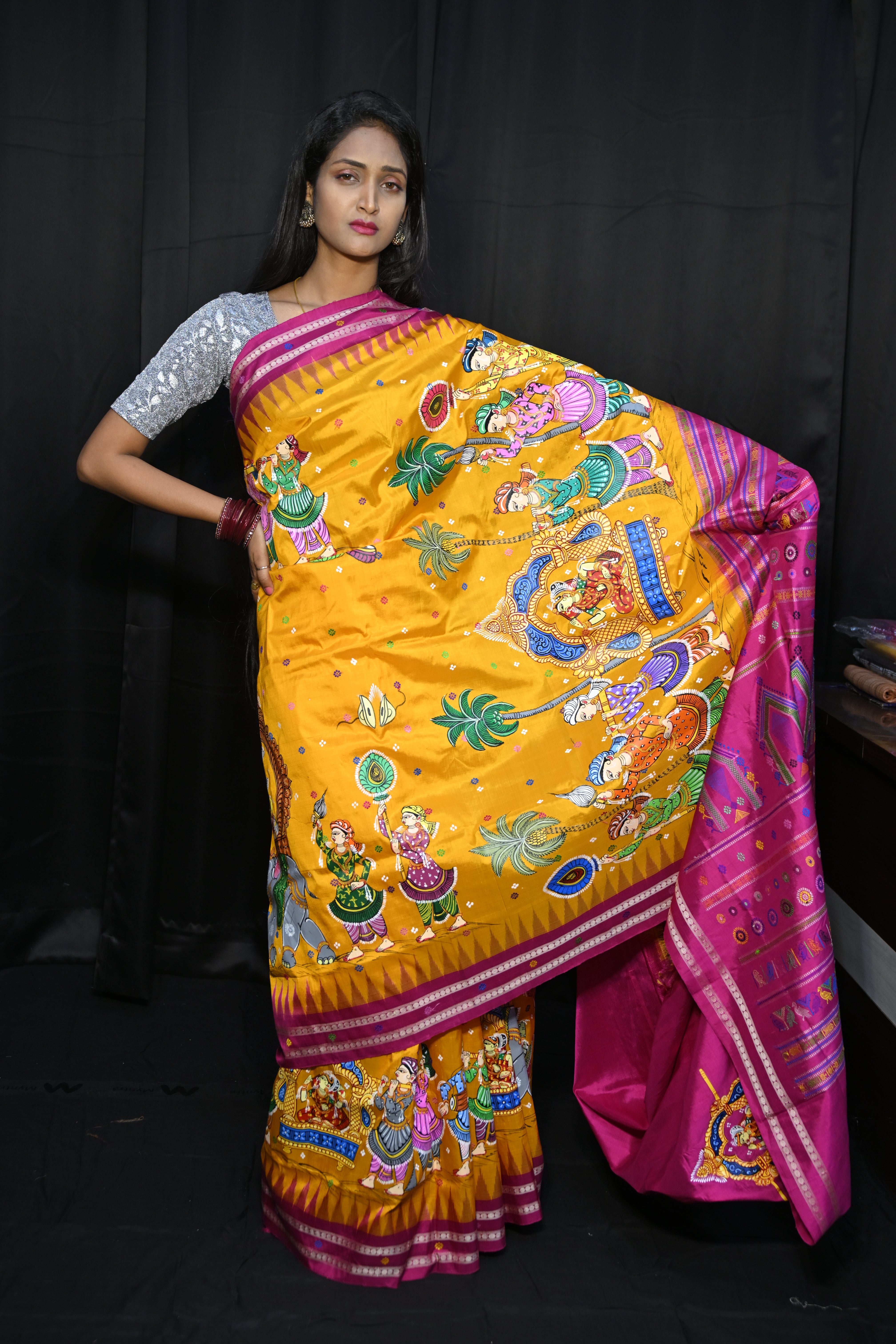 Yellow Magenta Marriage Dolabedi Theme Pattachitra Silk Saree
