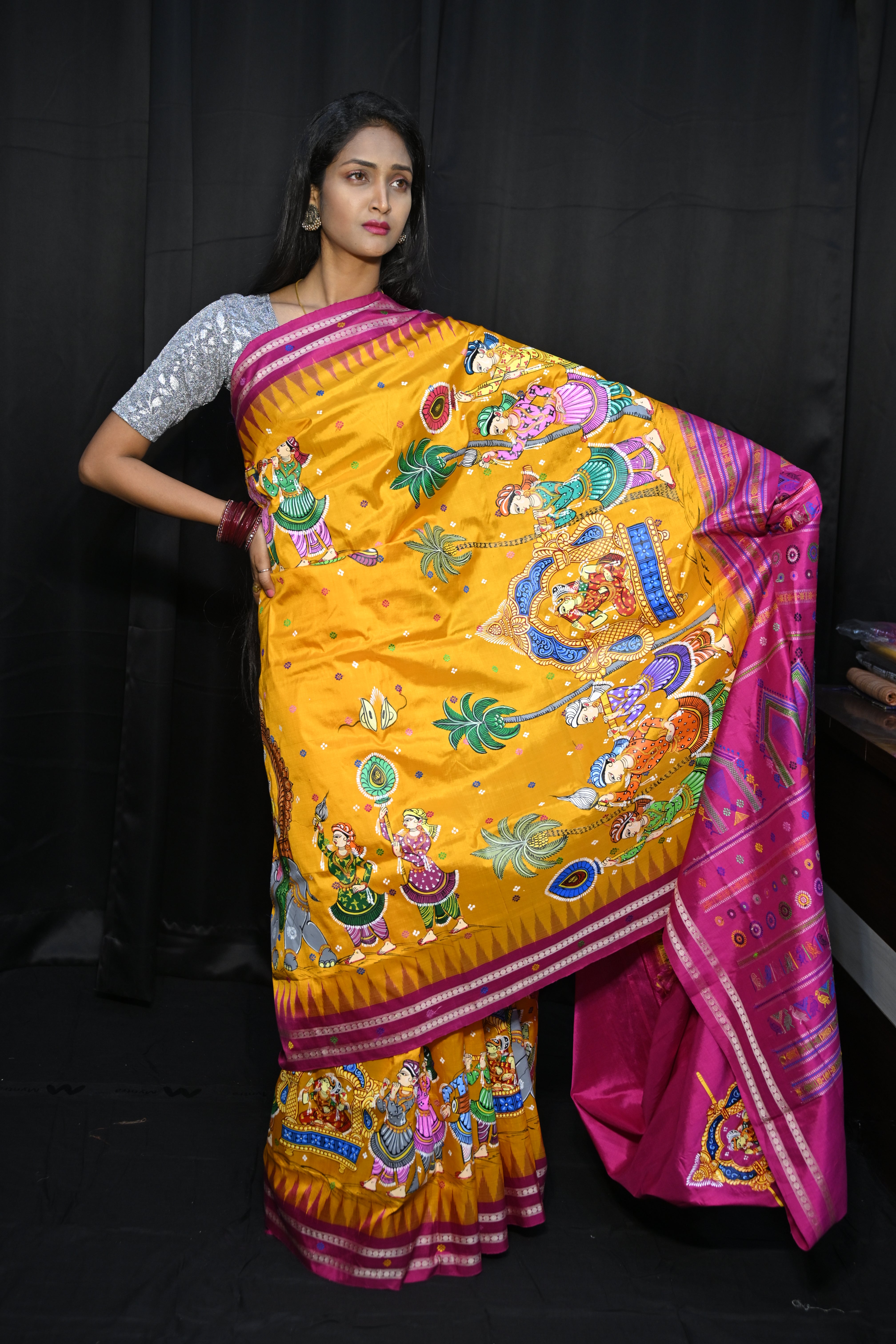 Yellow Magenta Marriage Dolabedi Theme Pattachitra Silk Saree