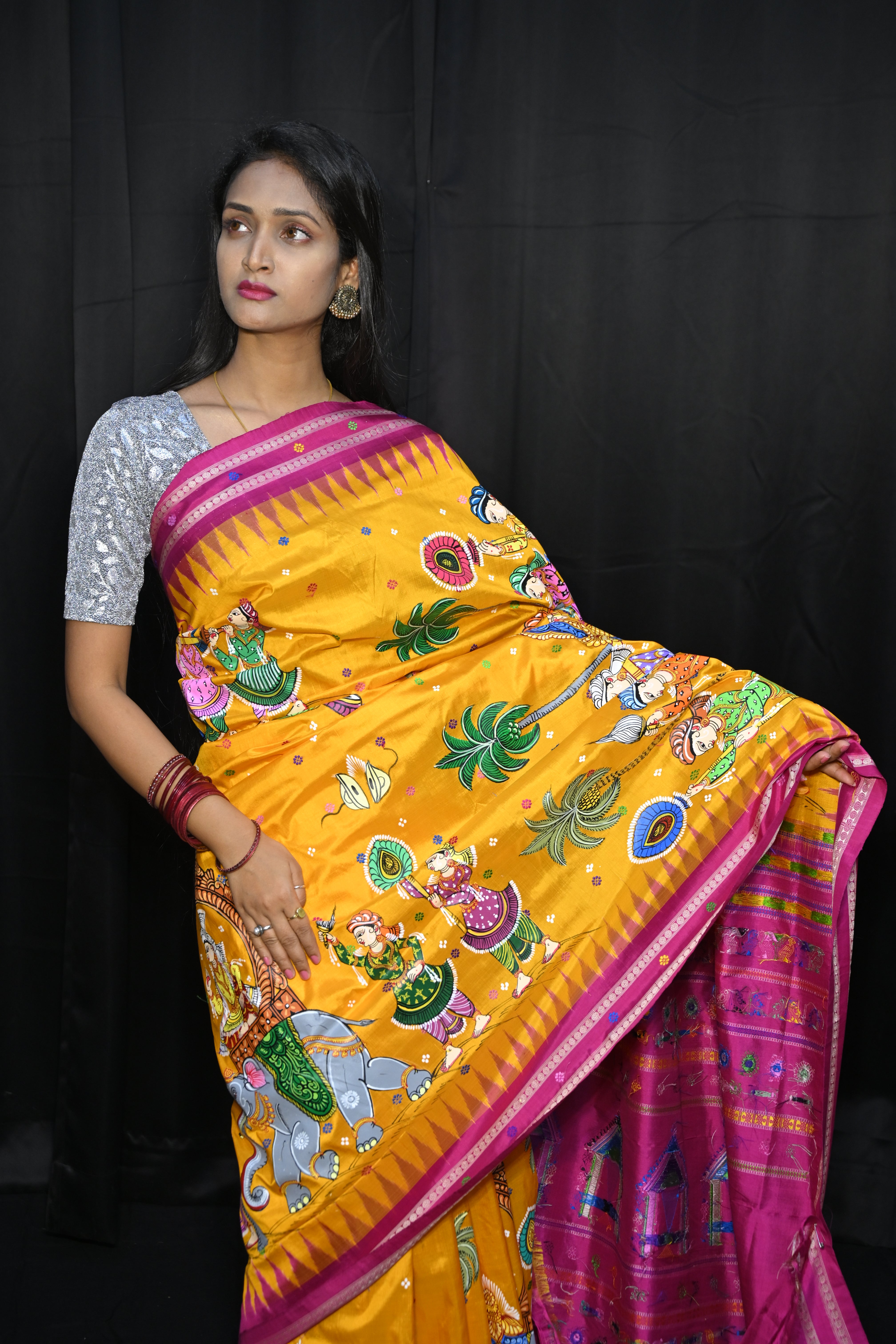 Yellow Magenta Marriage Dolabedi Theme Pattachitra Silk Saree