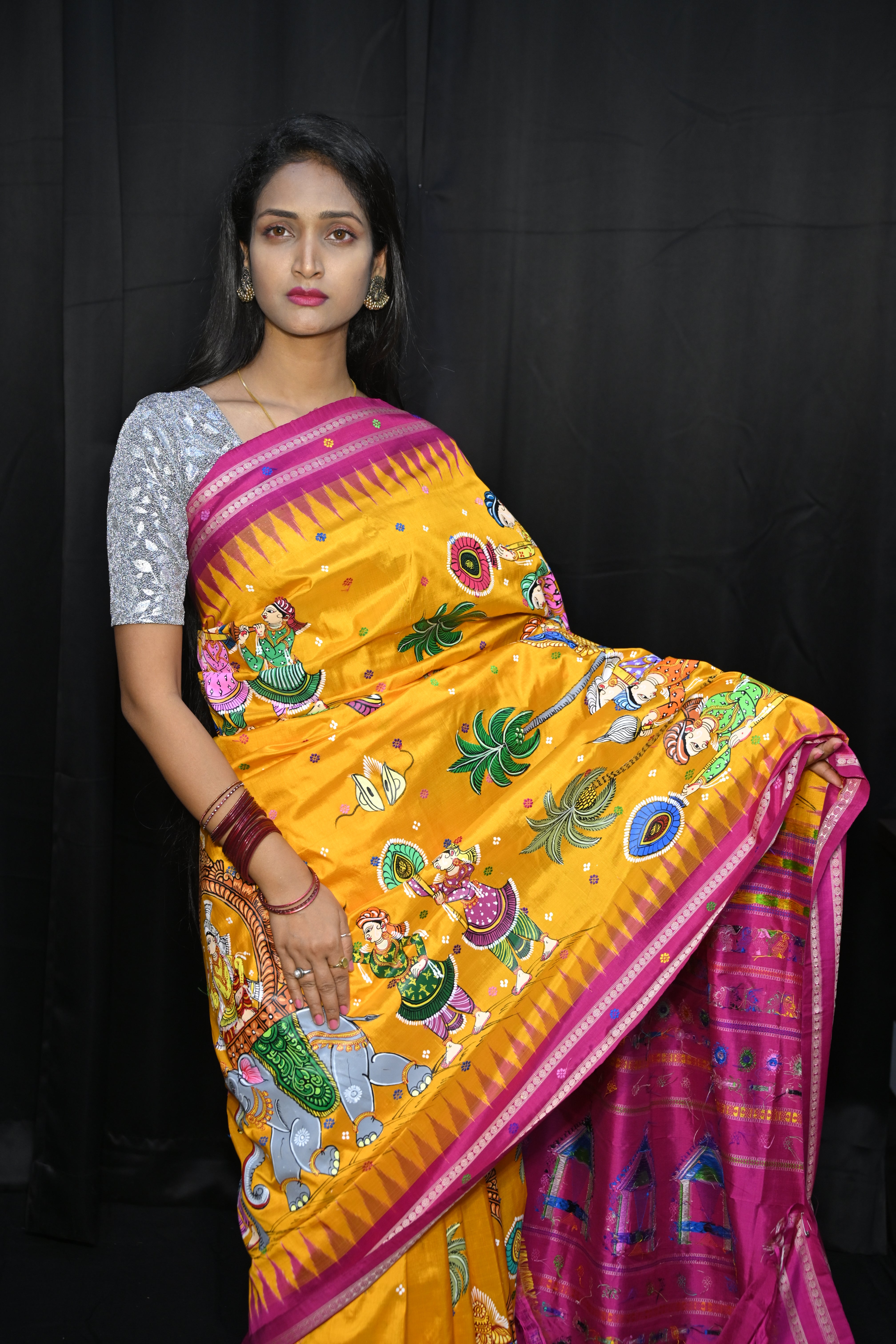 Yellow Magenta Marriage Dolabedi Theme Pattachitra Silk Saree