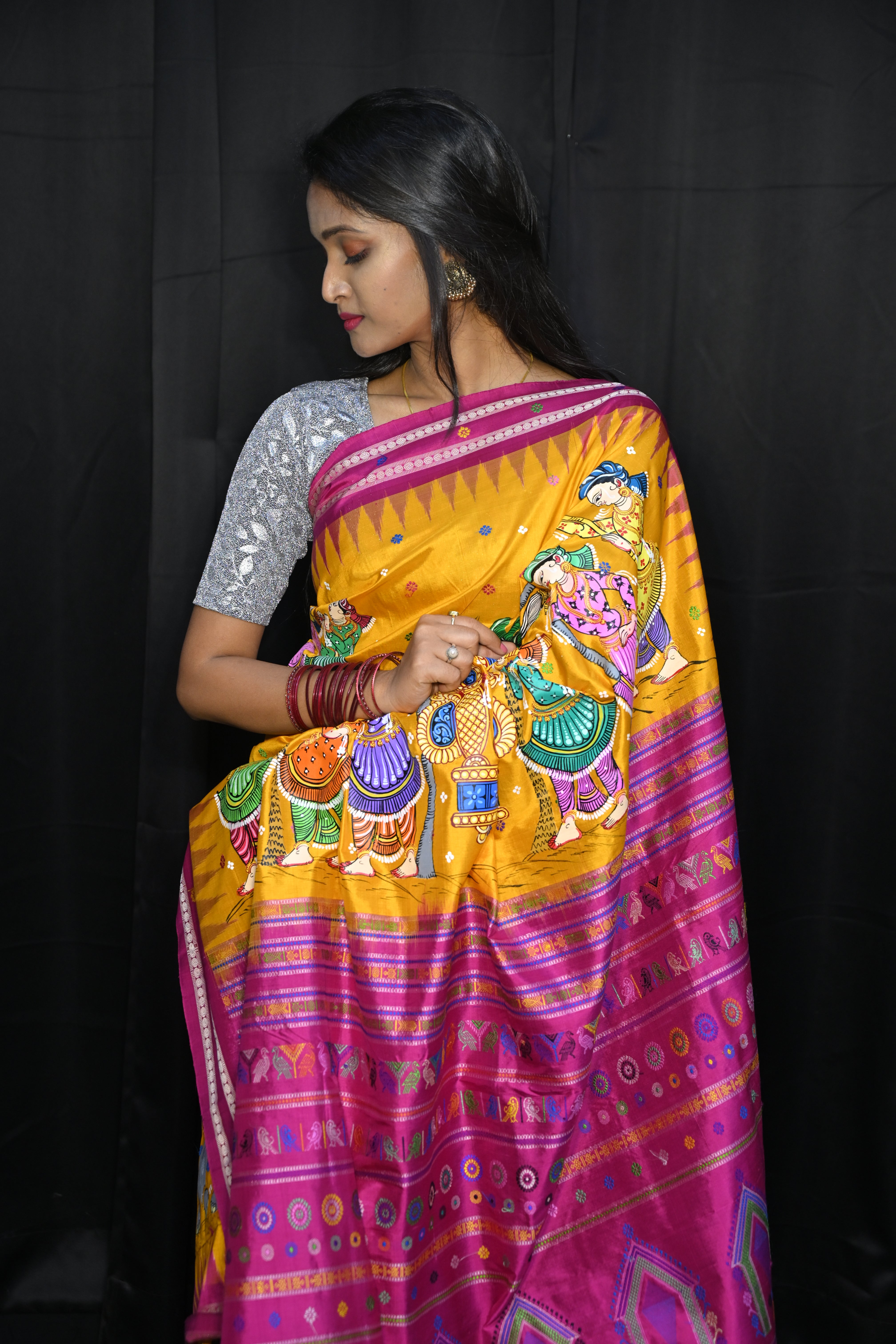 Yellow Magenta Marriage Dolabedi Theme Pattachitra Silk Saree