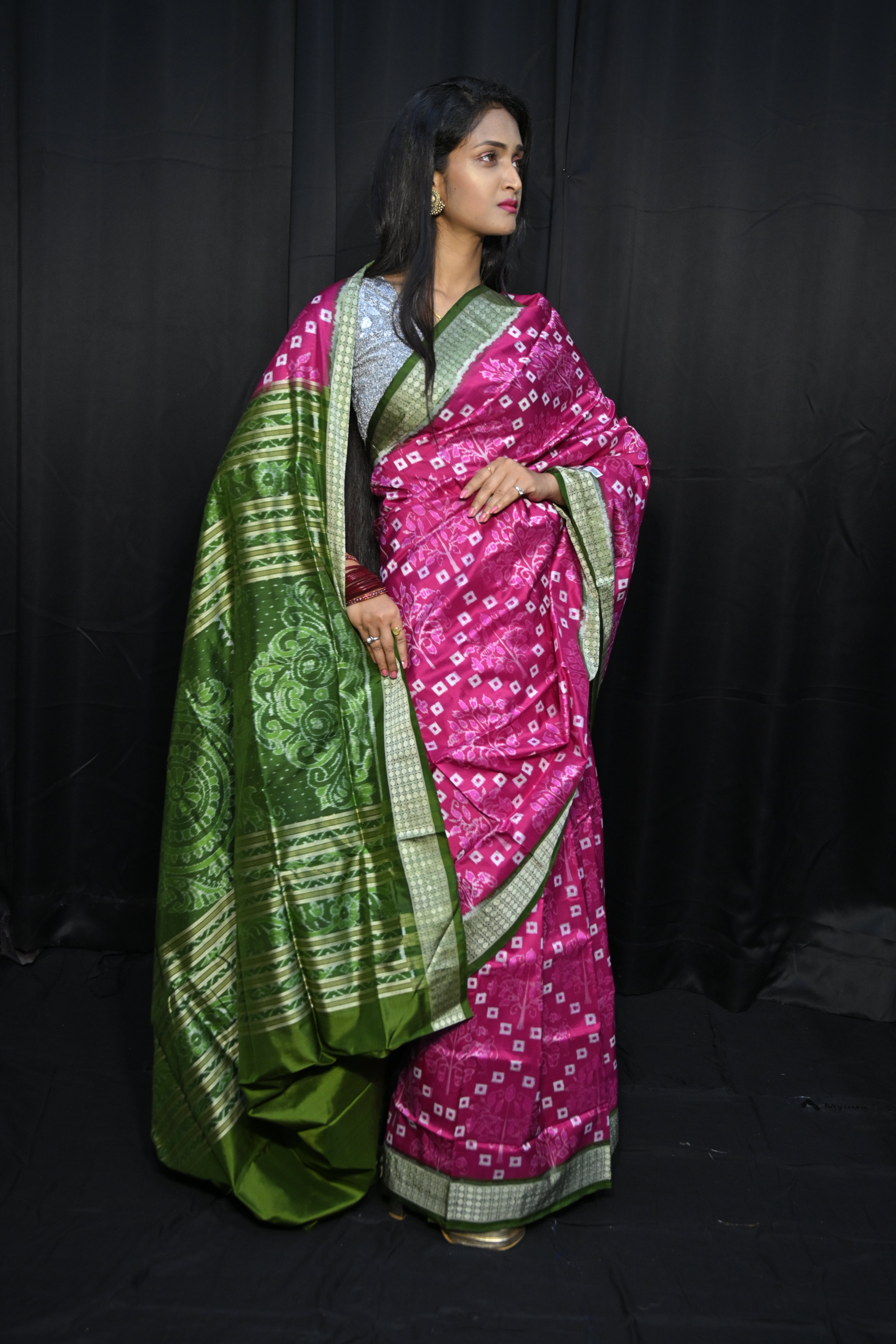 Pink Mehendi Green Pasapali And Tree Design Sambalpuri Silk Saree