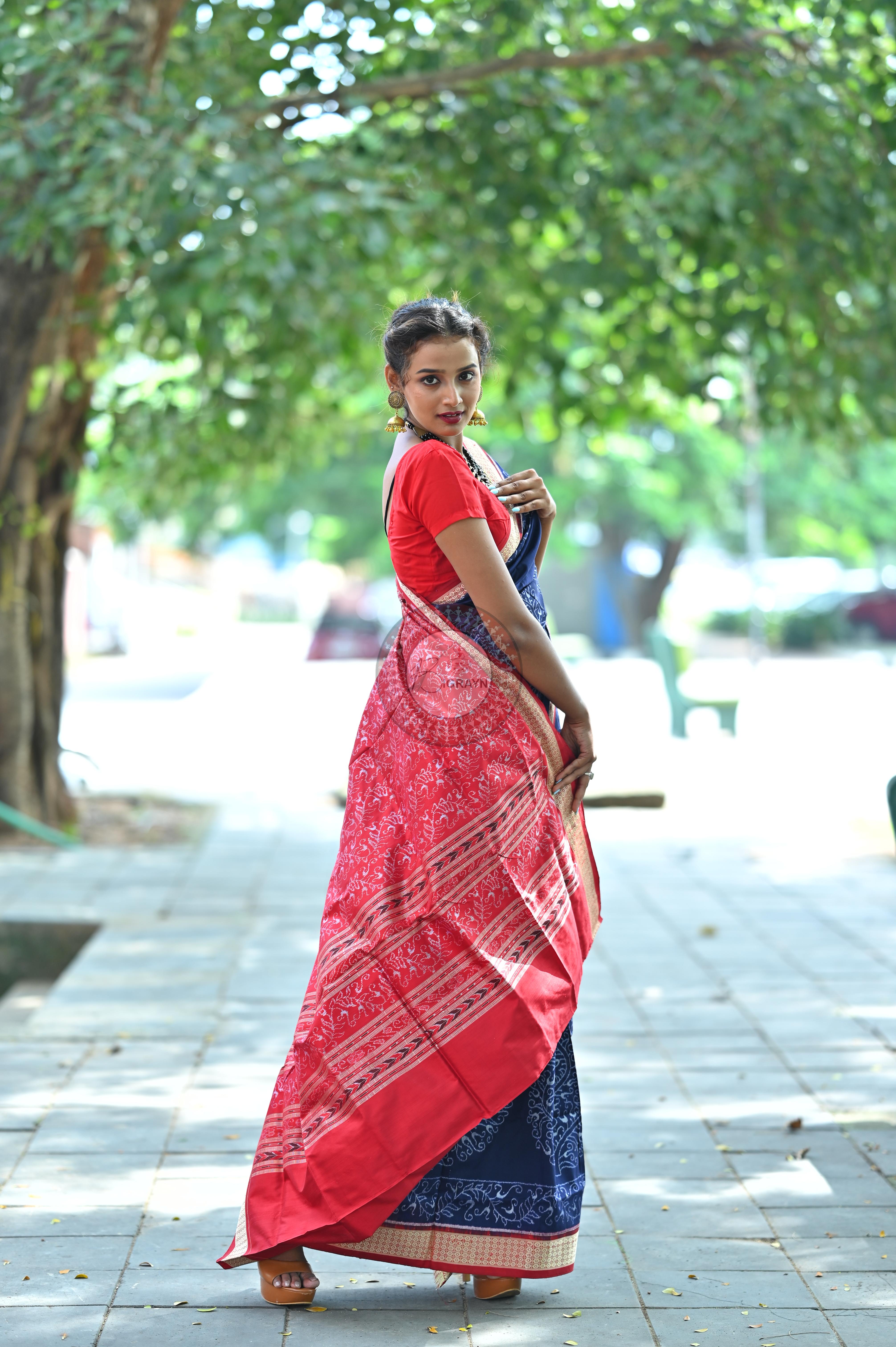 Navy and Red Parsley Sambalpuri Silk Saree