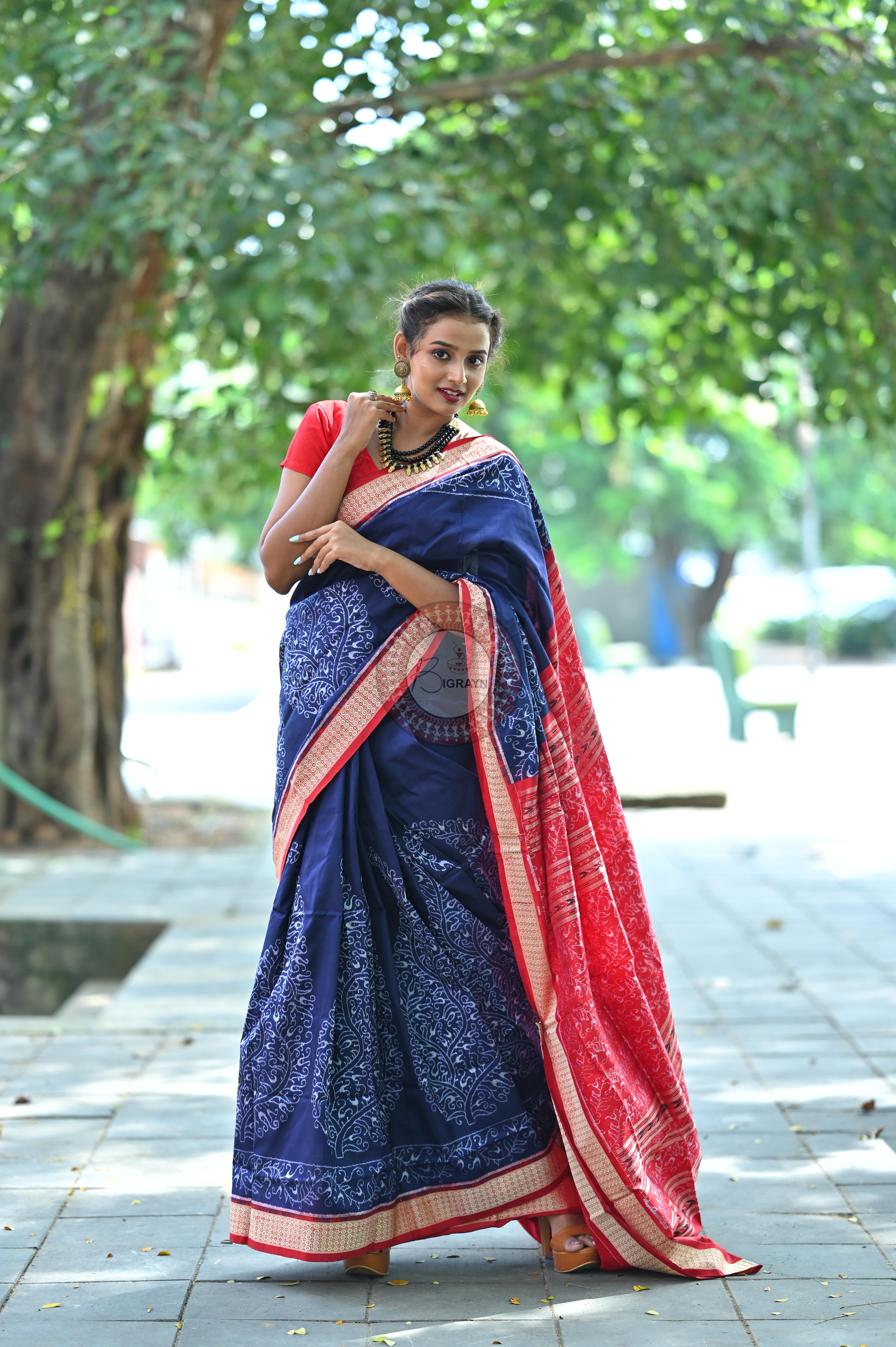 Navy and Red Parsley Sambalpuri Silk Saree