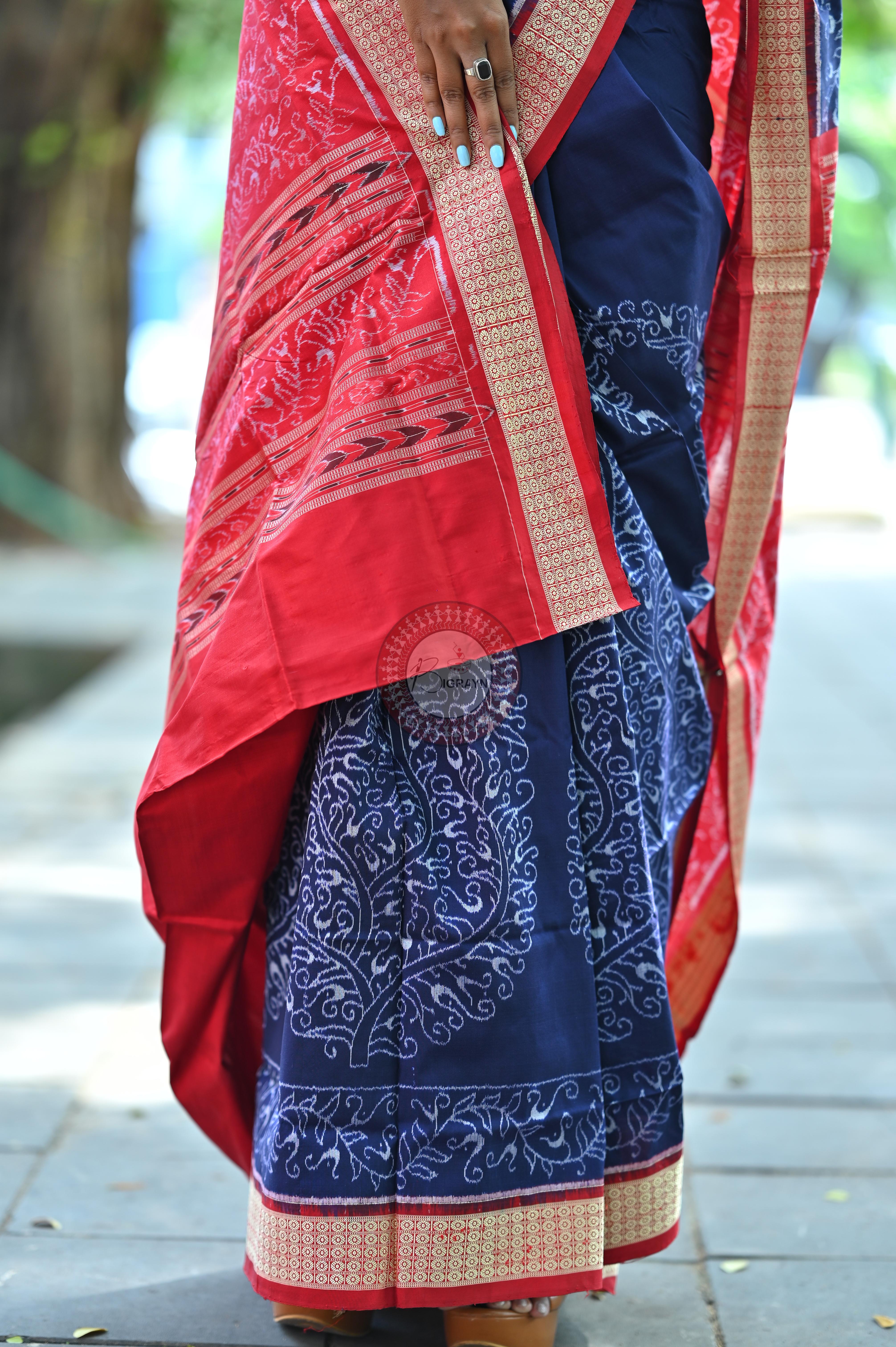Navy and Red Parsley Sambalpuri Silk Saree