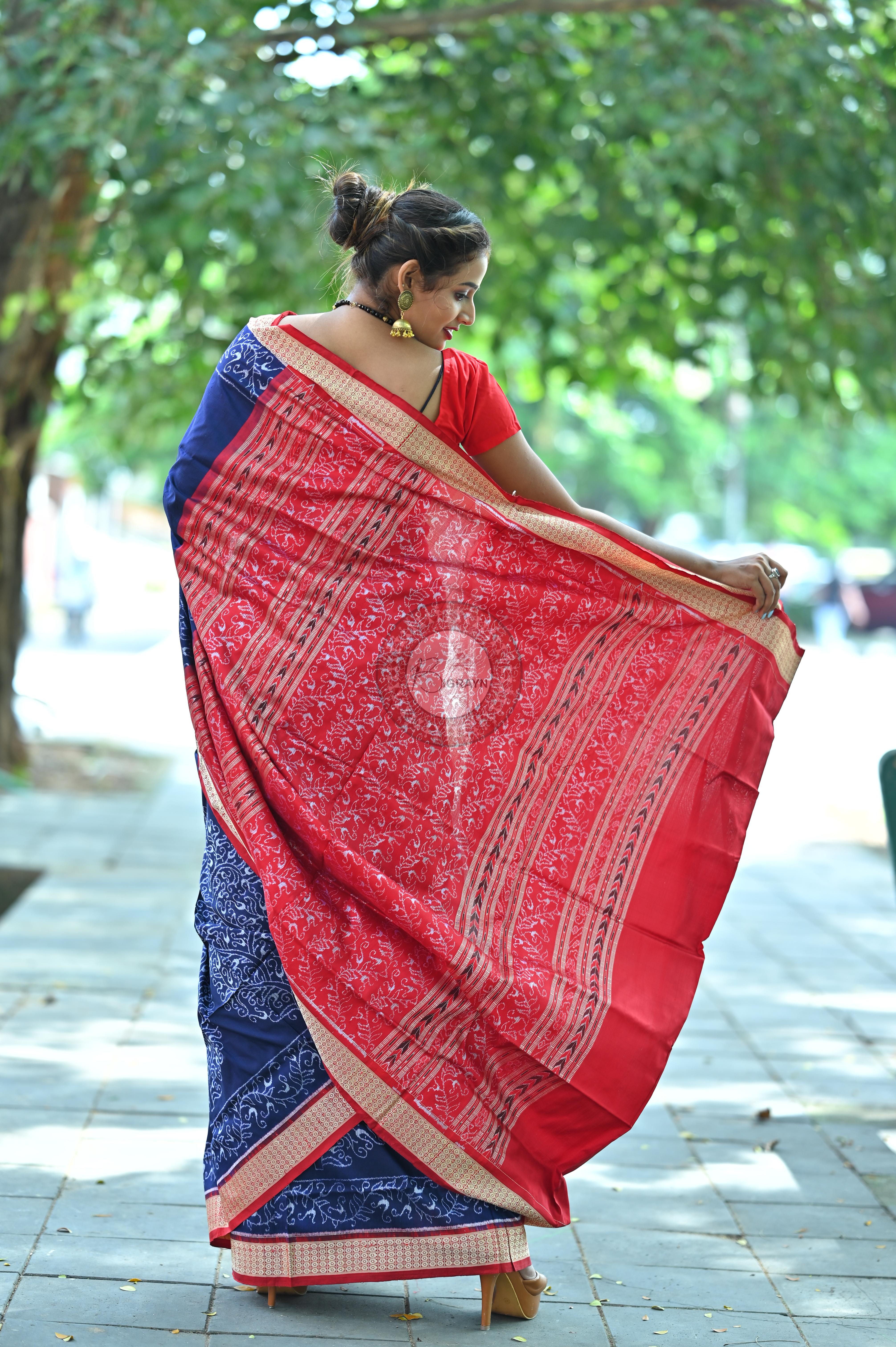 Navy and Red Parsley Sambalpuri Silk Saree