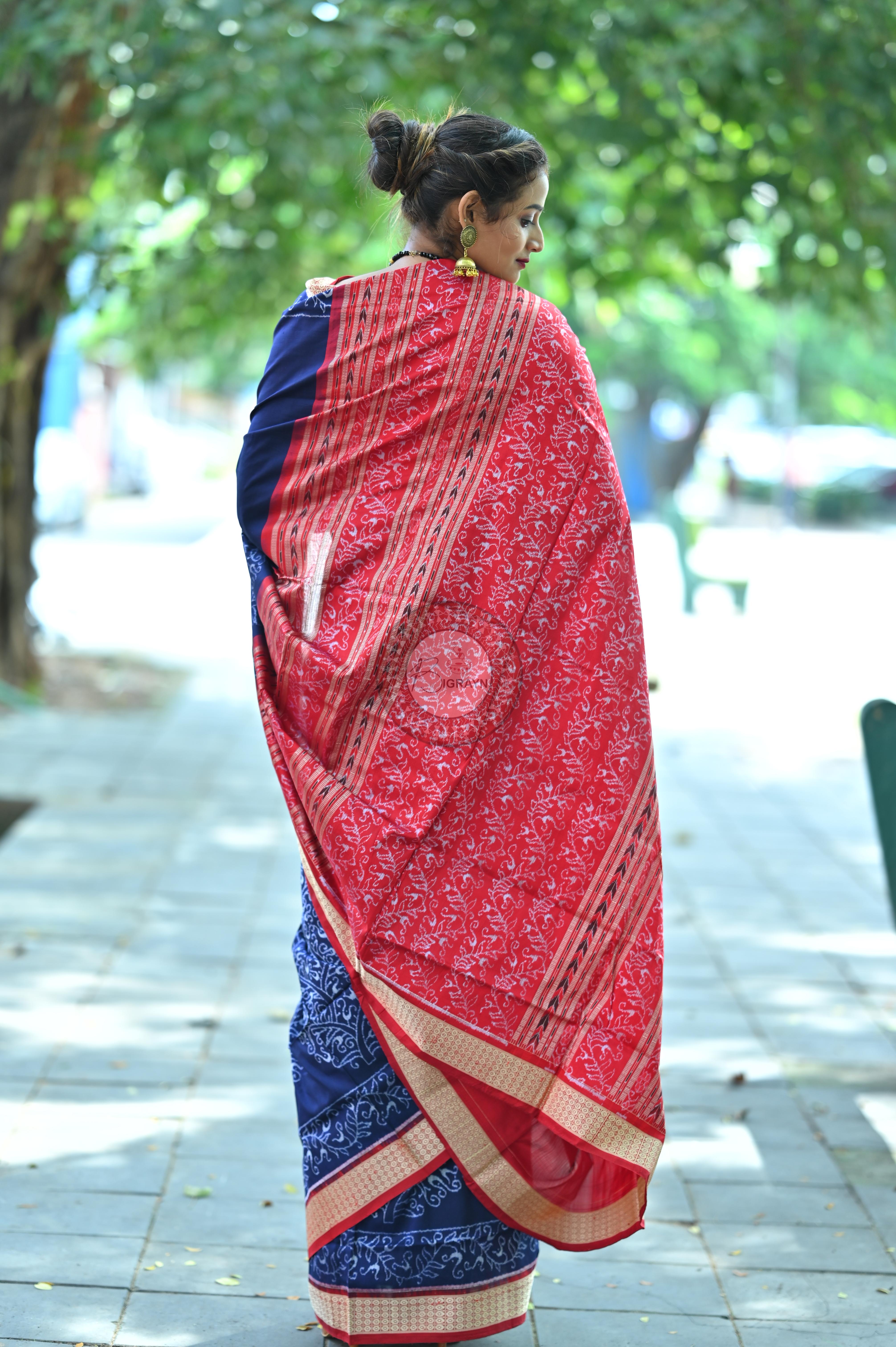 Navy and Red Parsley Sambalpuri Silk Saree