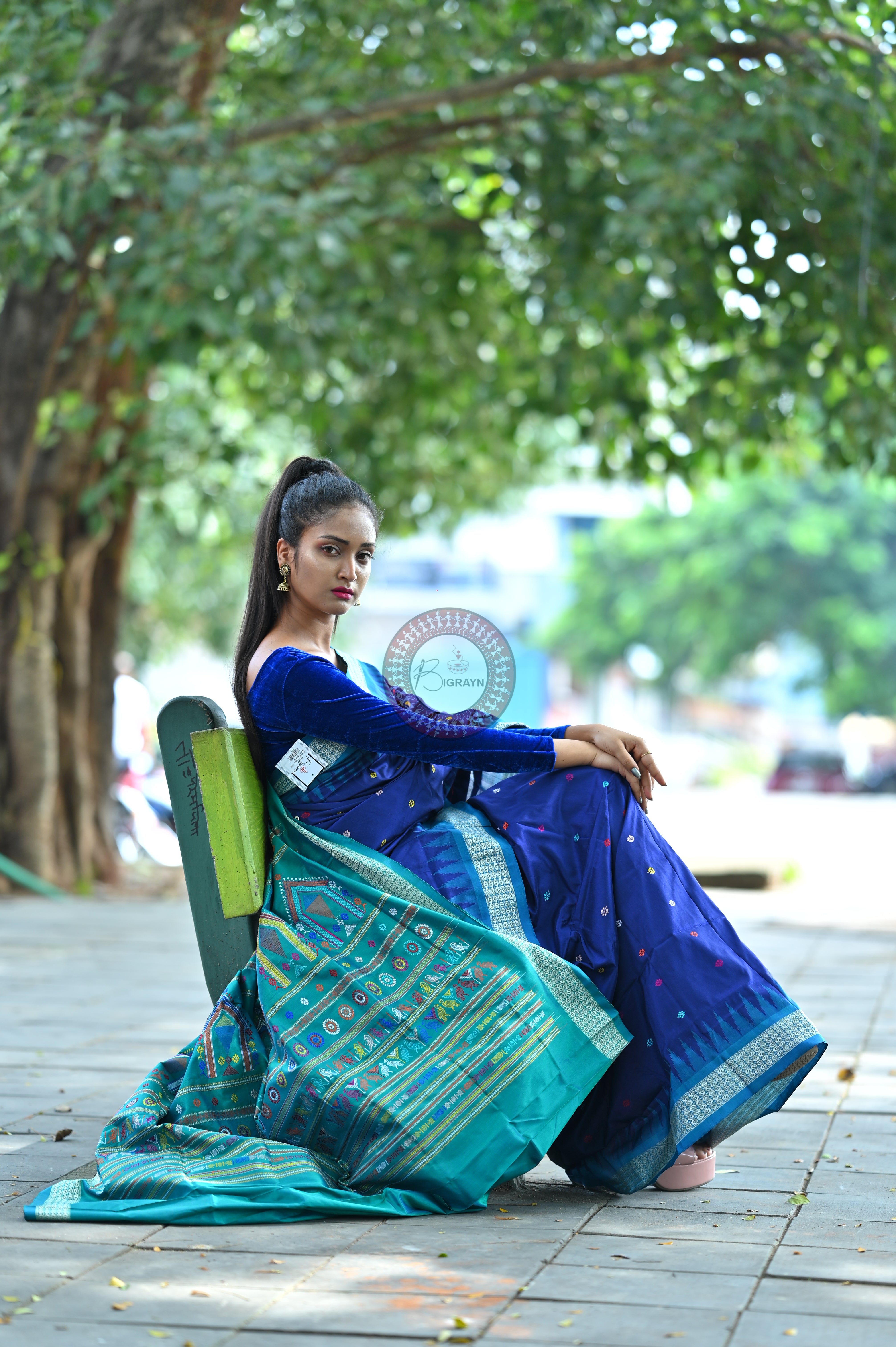 Navy Blue Teal Dolabedi Silk Saree