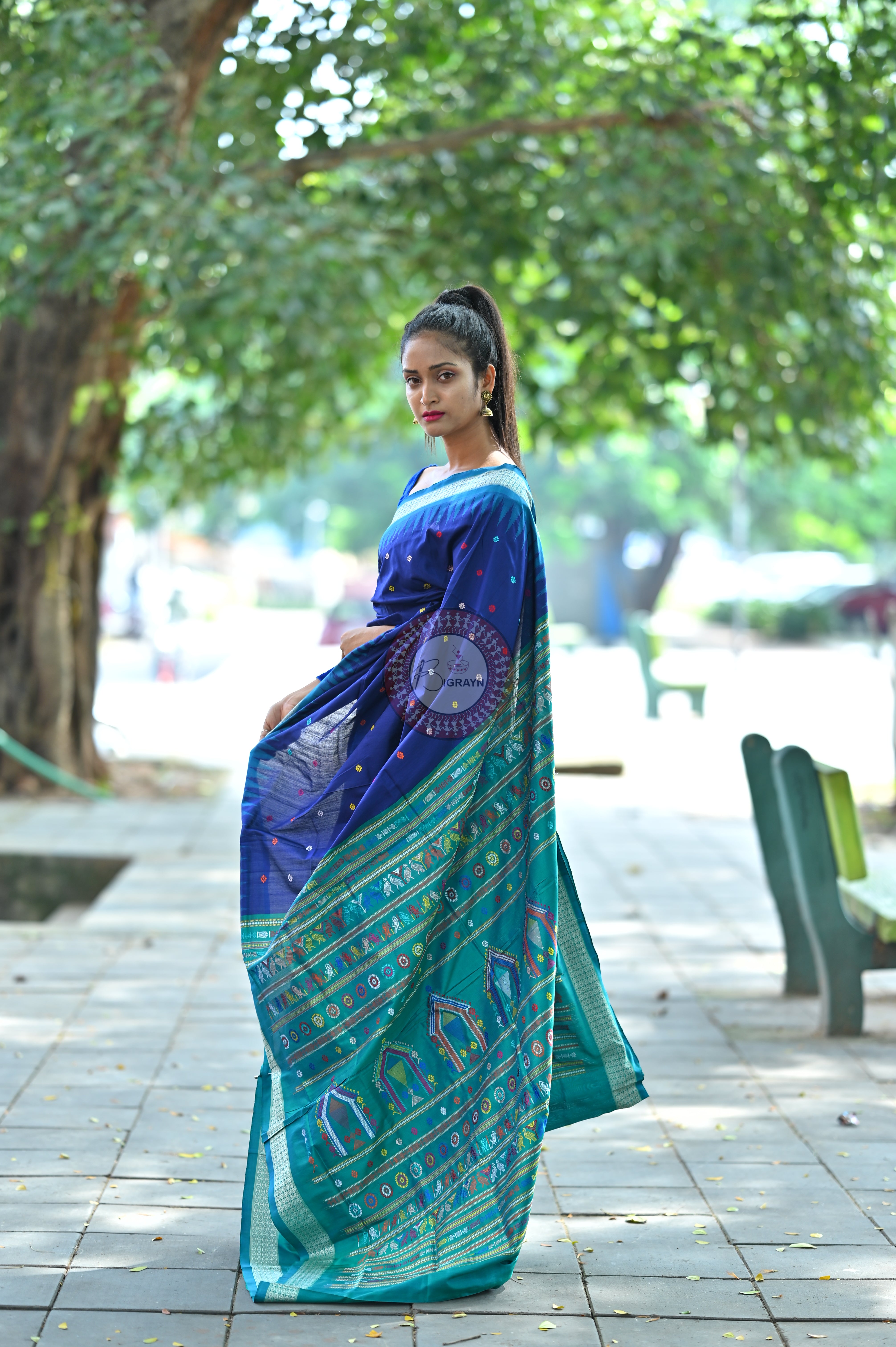 Navy Blue Teal Dolabedi Silk Saree