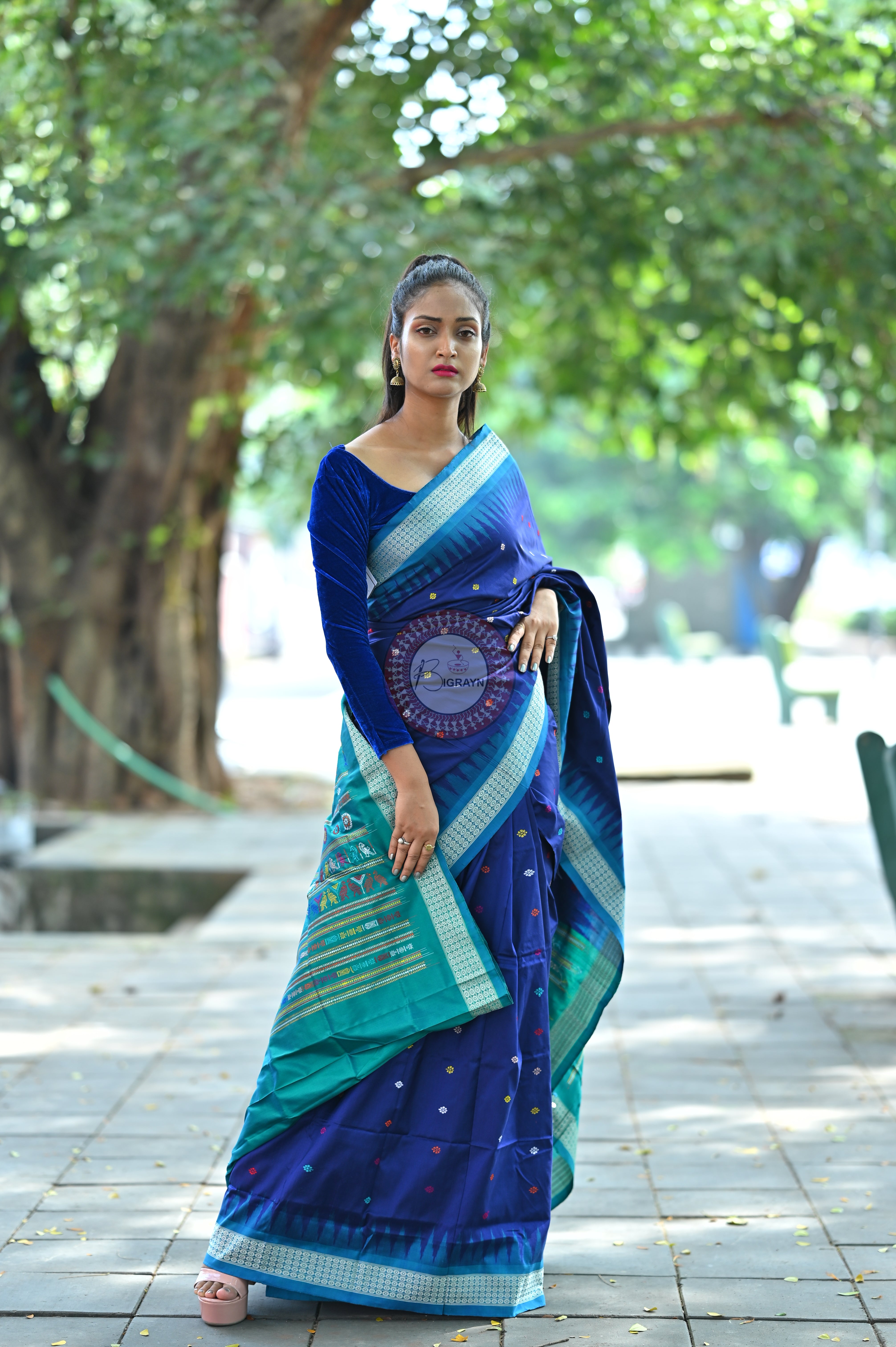 Navy Blue Teal Dolabedi Silk Saree