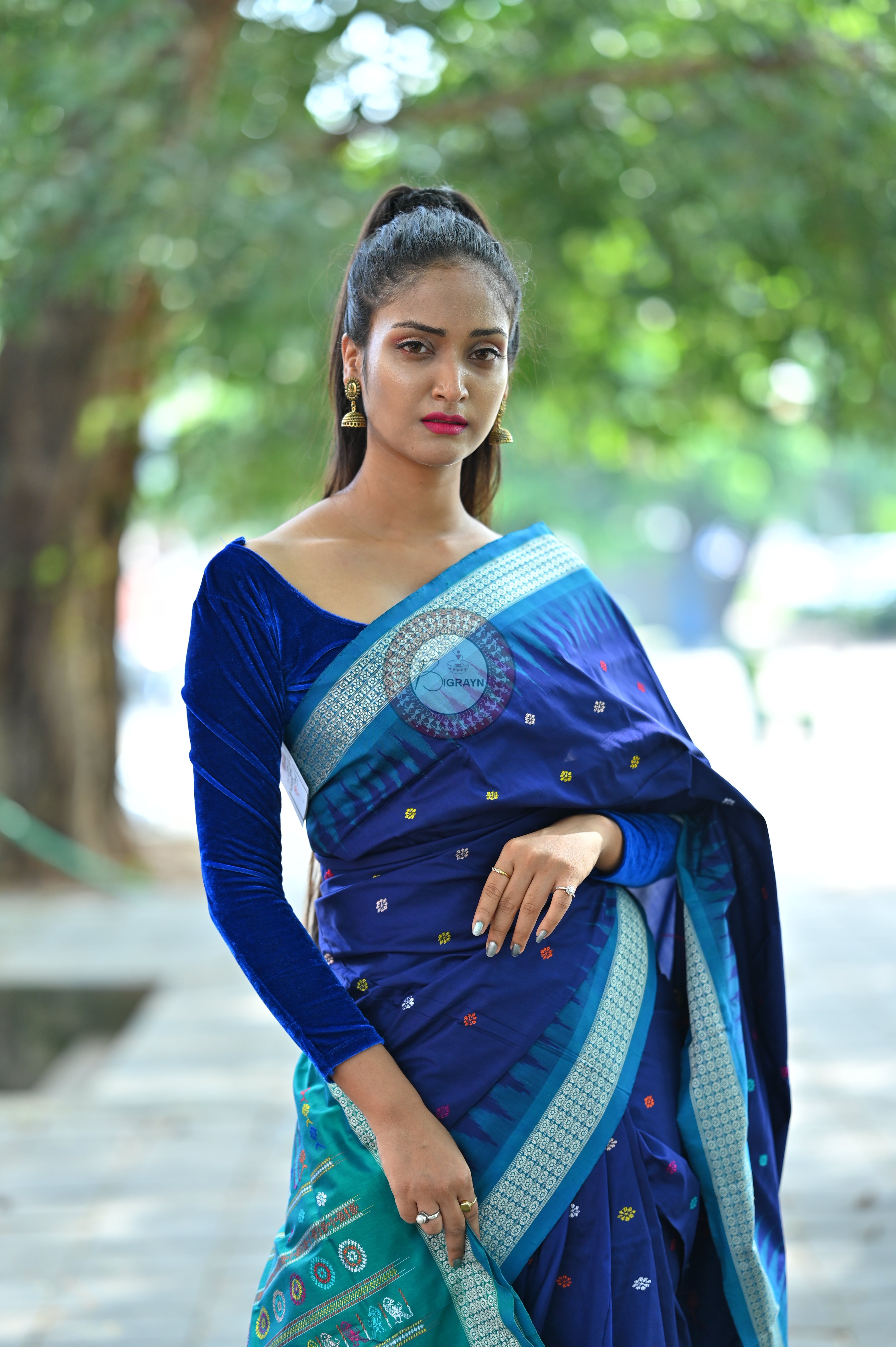Navy Blue Teal Dolabedi Silk Saree
