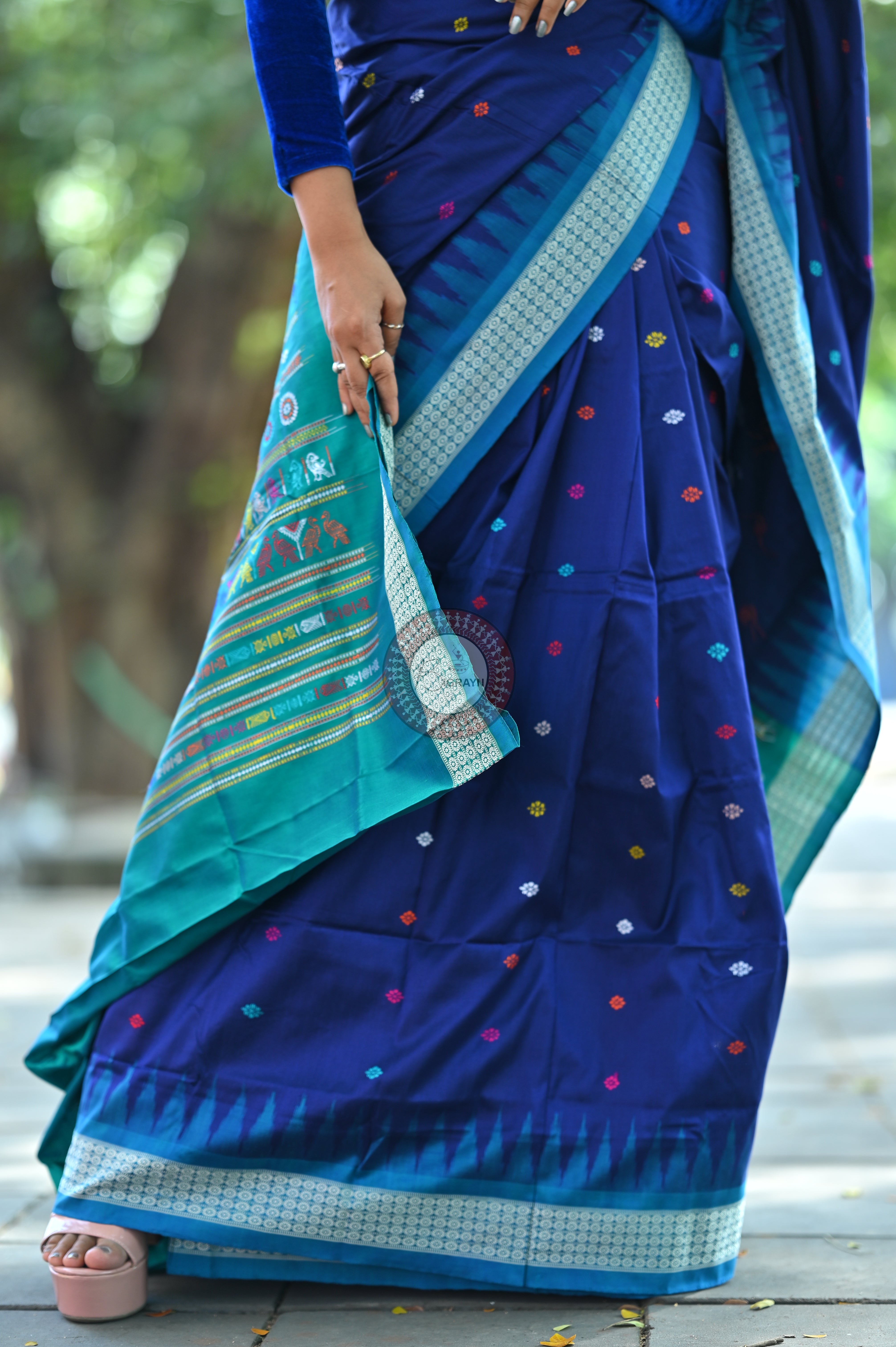 Navy Blue Teal Dolabedi Silk Saree
