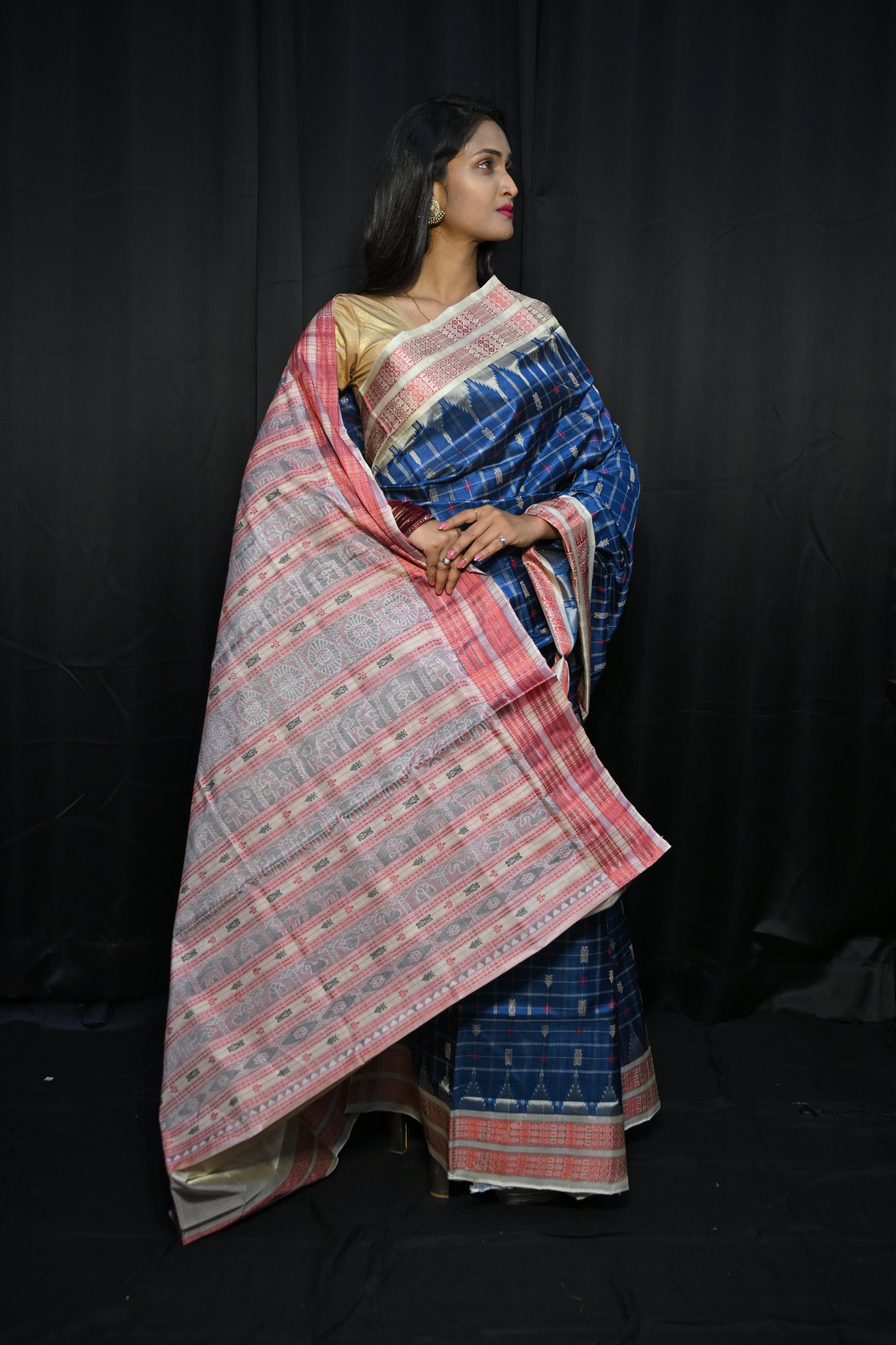 Teal Blue Creame Hazarbuti Tussar Silk Saree