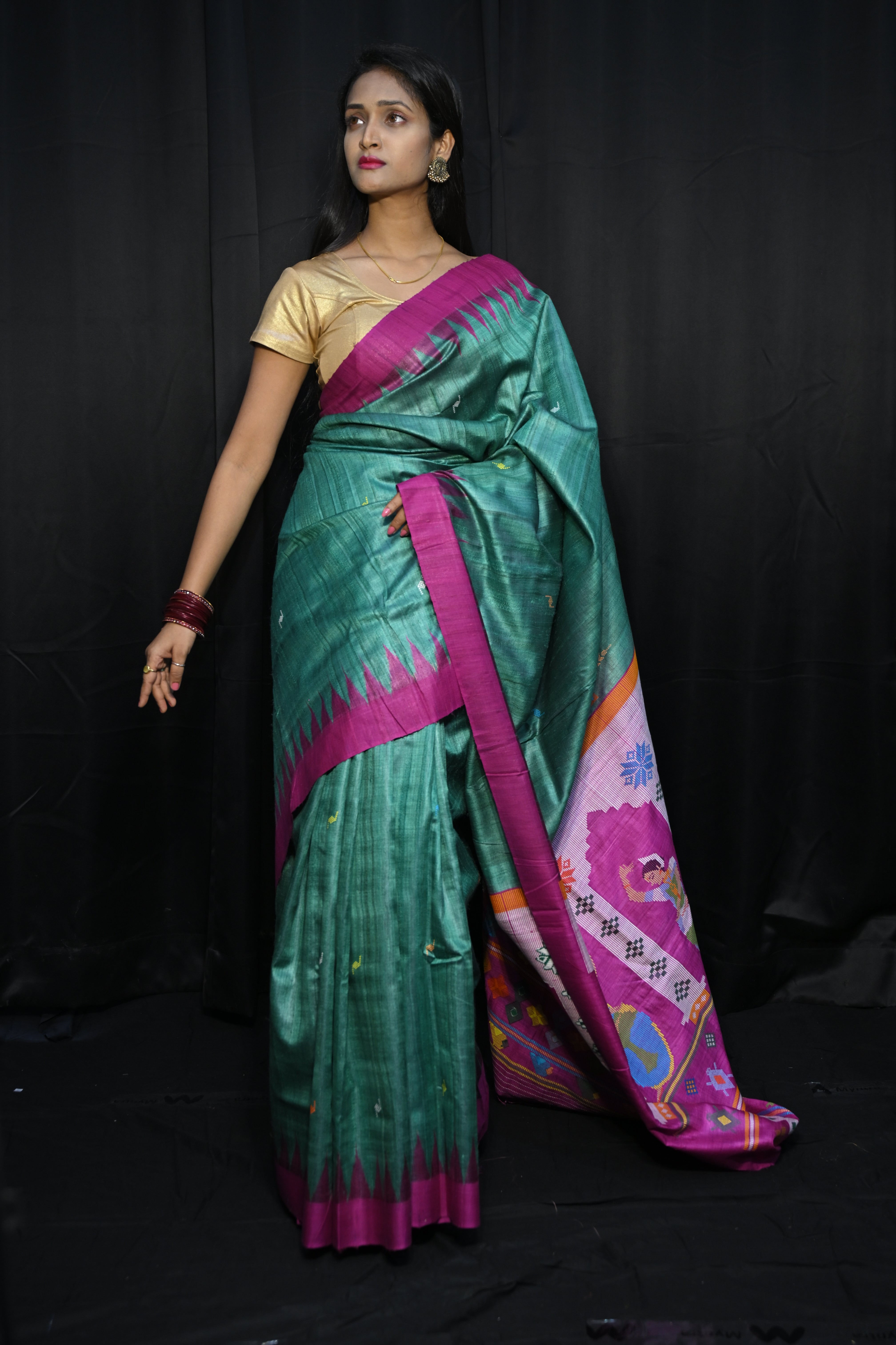 Rama Green Magenta Dancer Dessign Gopalpur Fine Tussar Silk Saree
