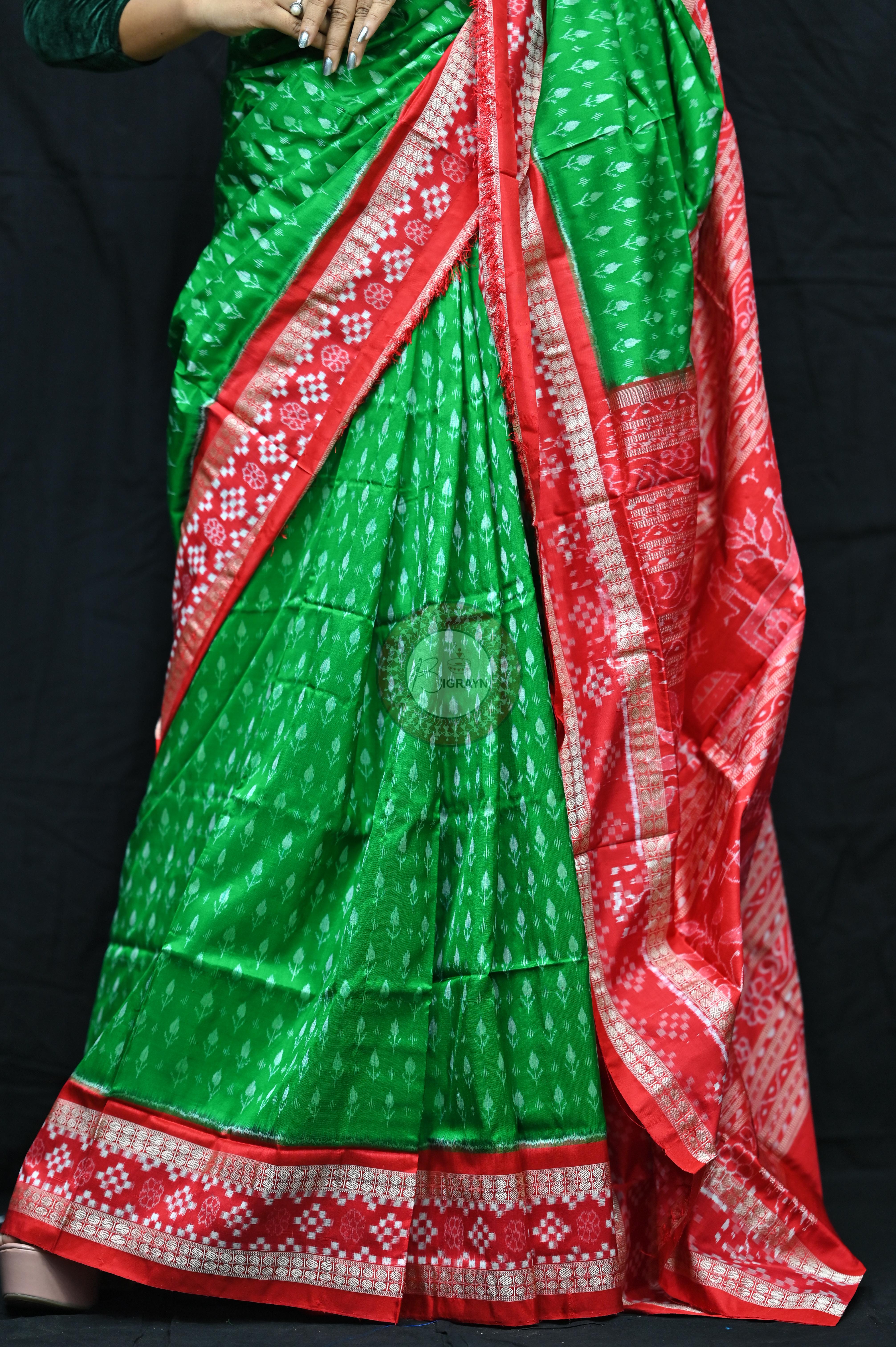 Green Red Flower Kadhi Sakta Border Sambalpuri Silk Saree