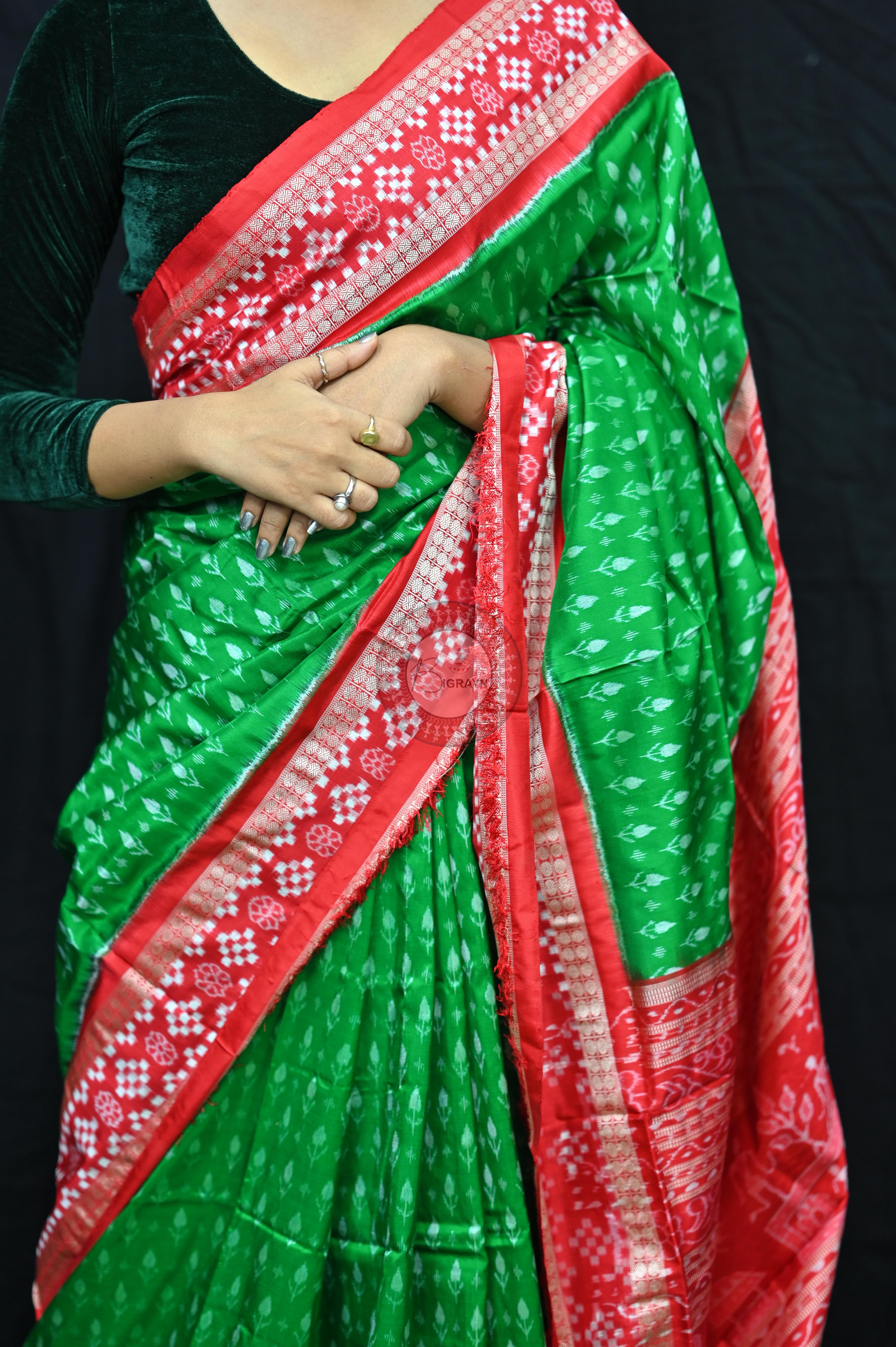 Green Red Flower Kadhi Sakta Border Sambalpuri Silk Saree