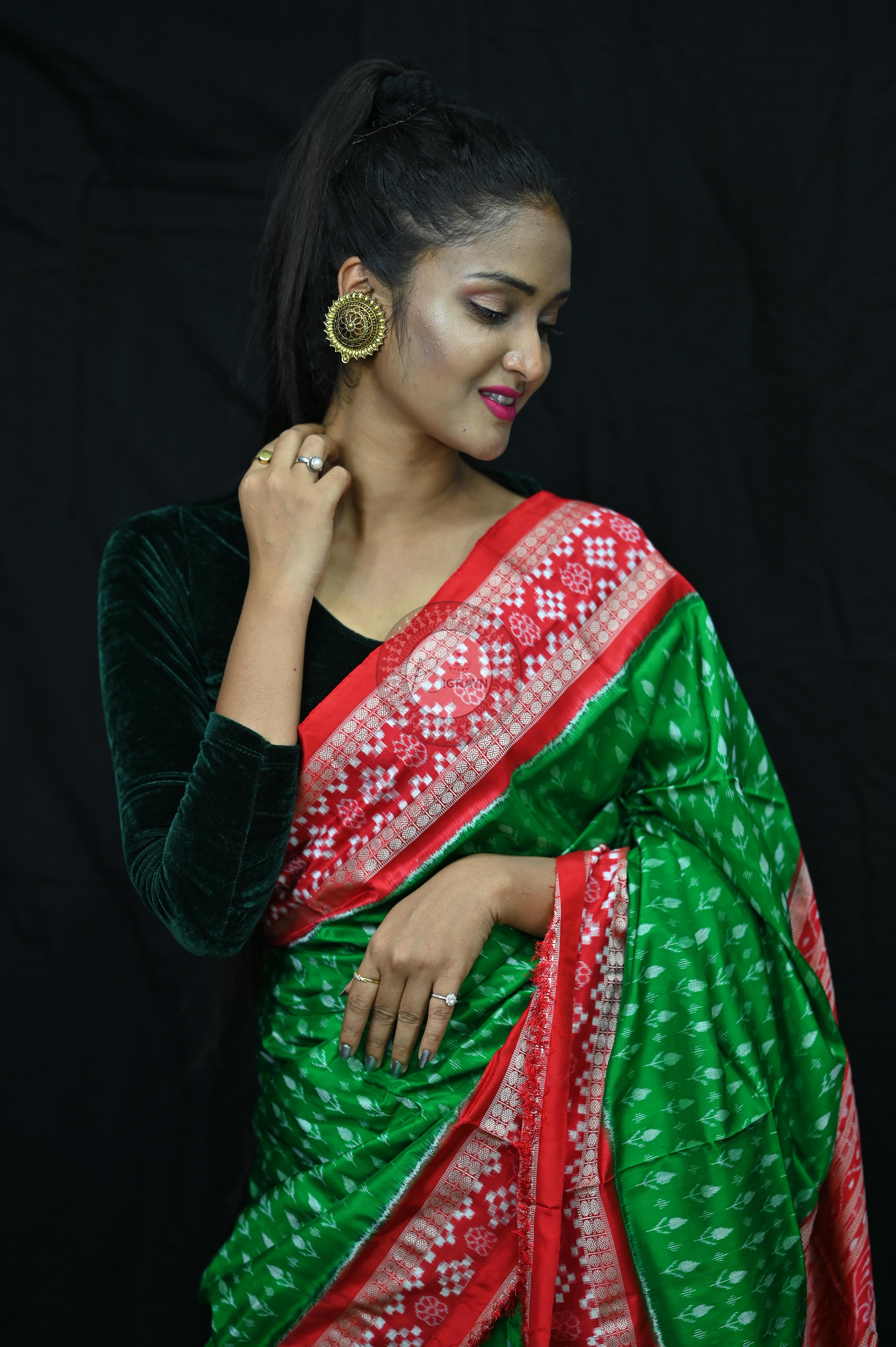 Green Red Flower Kadhi Sakta Border Sambalpuri Silk Saree