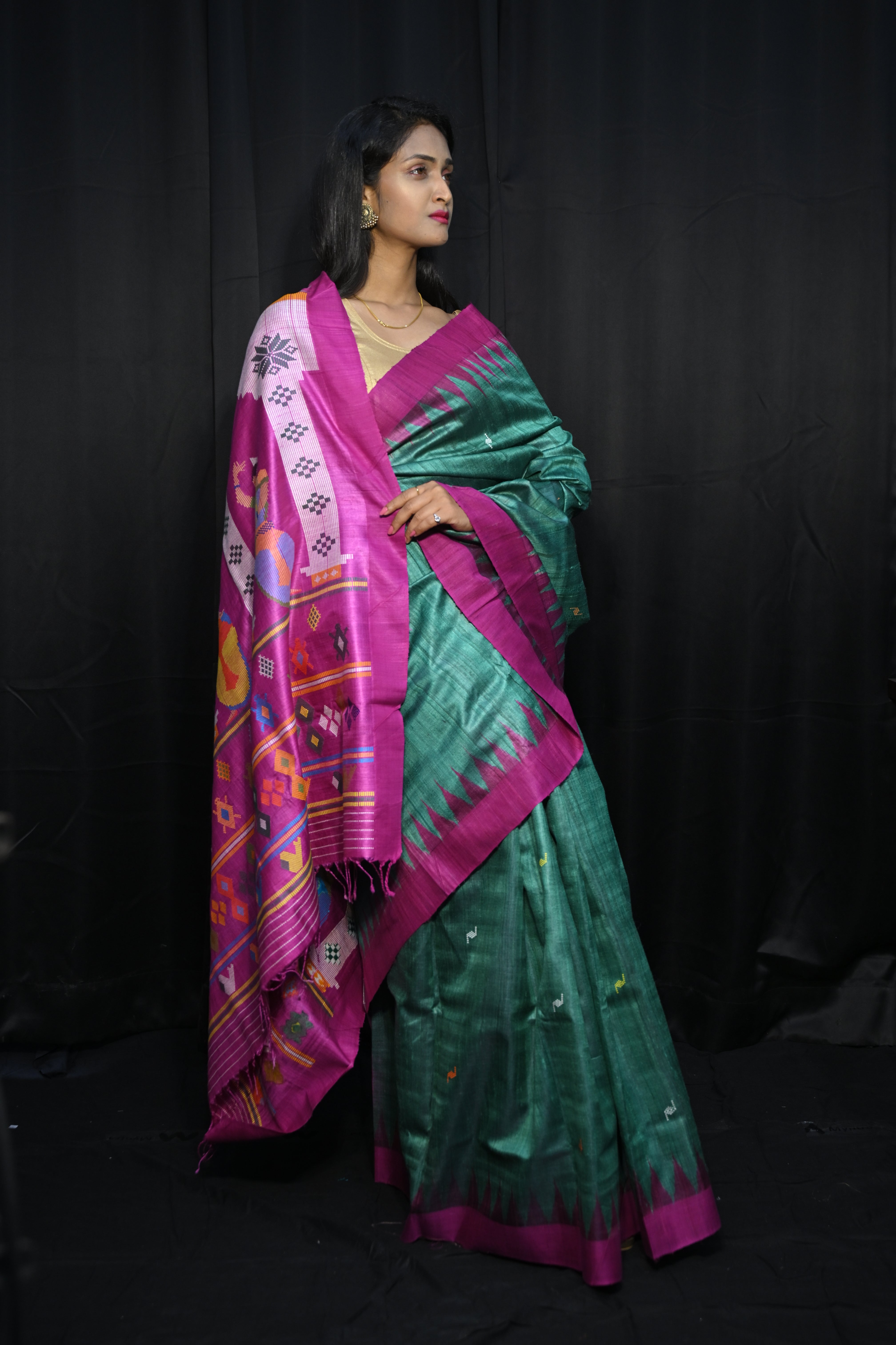 Rama Green Magenta Dancer Dessign Gopalpur Fine Tussar Silk Saree