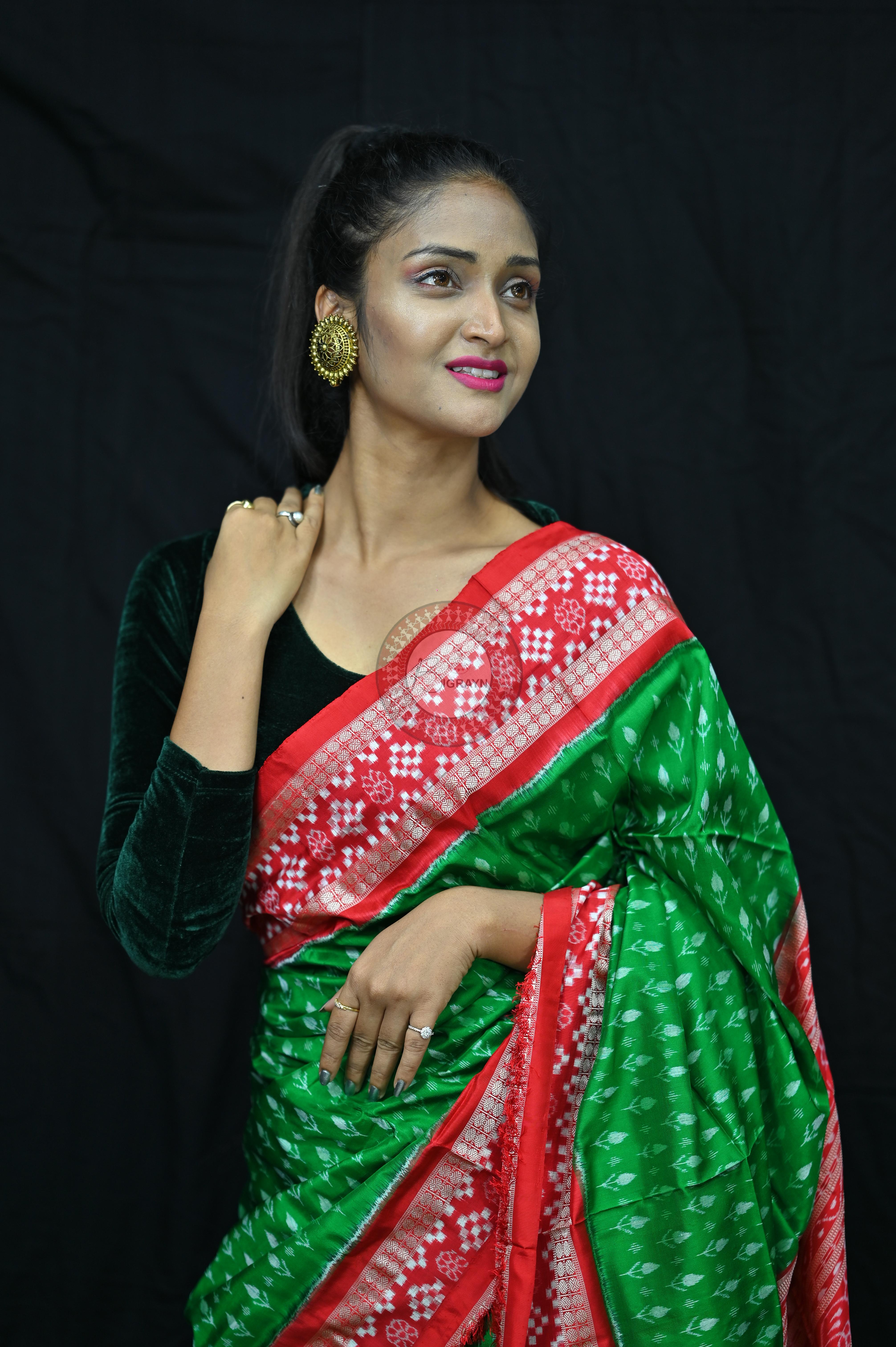 Green Red Flower Kadhi Sakta Border Sambalpuri Silk Saree