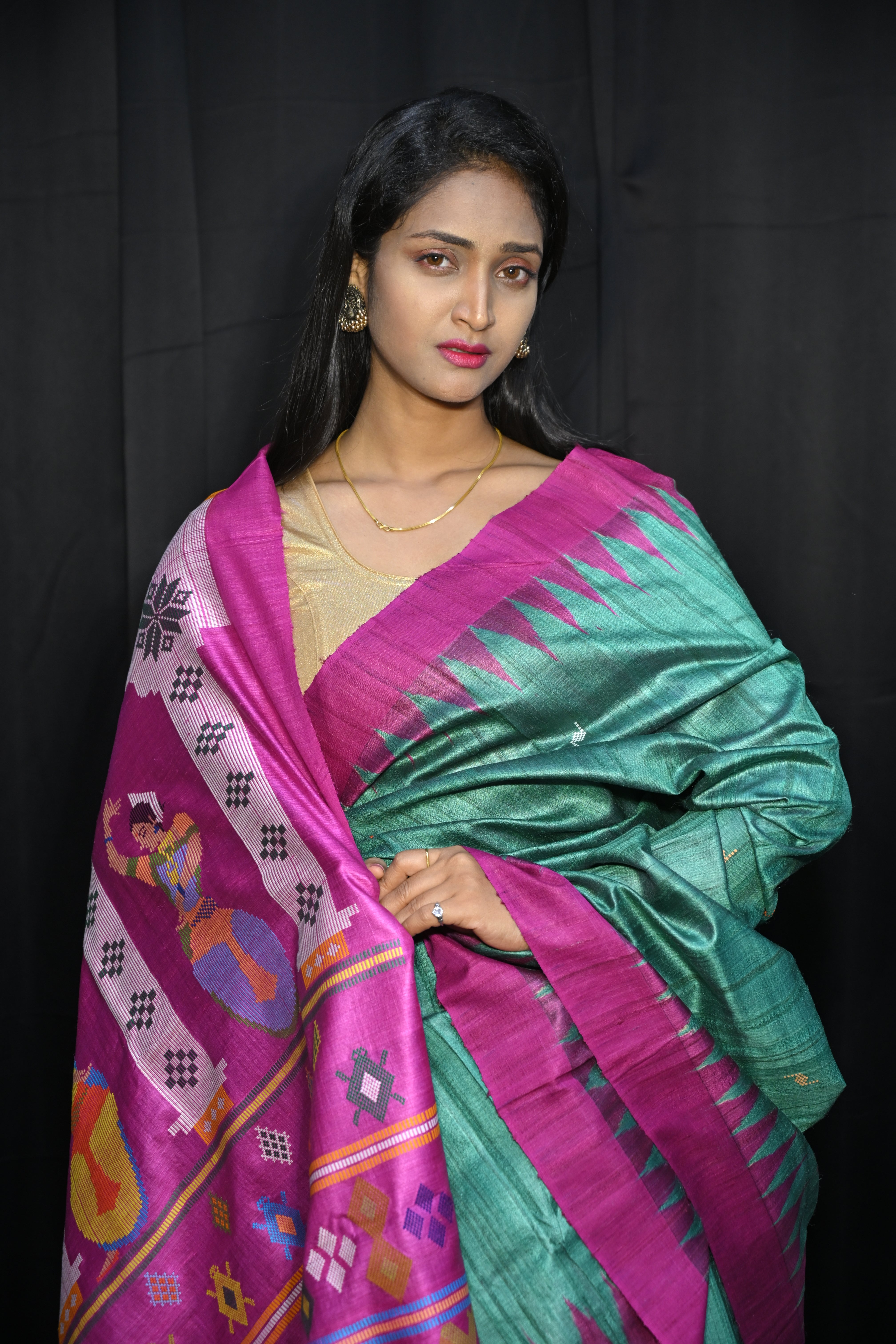 Rama Green Magenta Dancer Dessign Gopalpur Fine Tussar Silk Saree