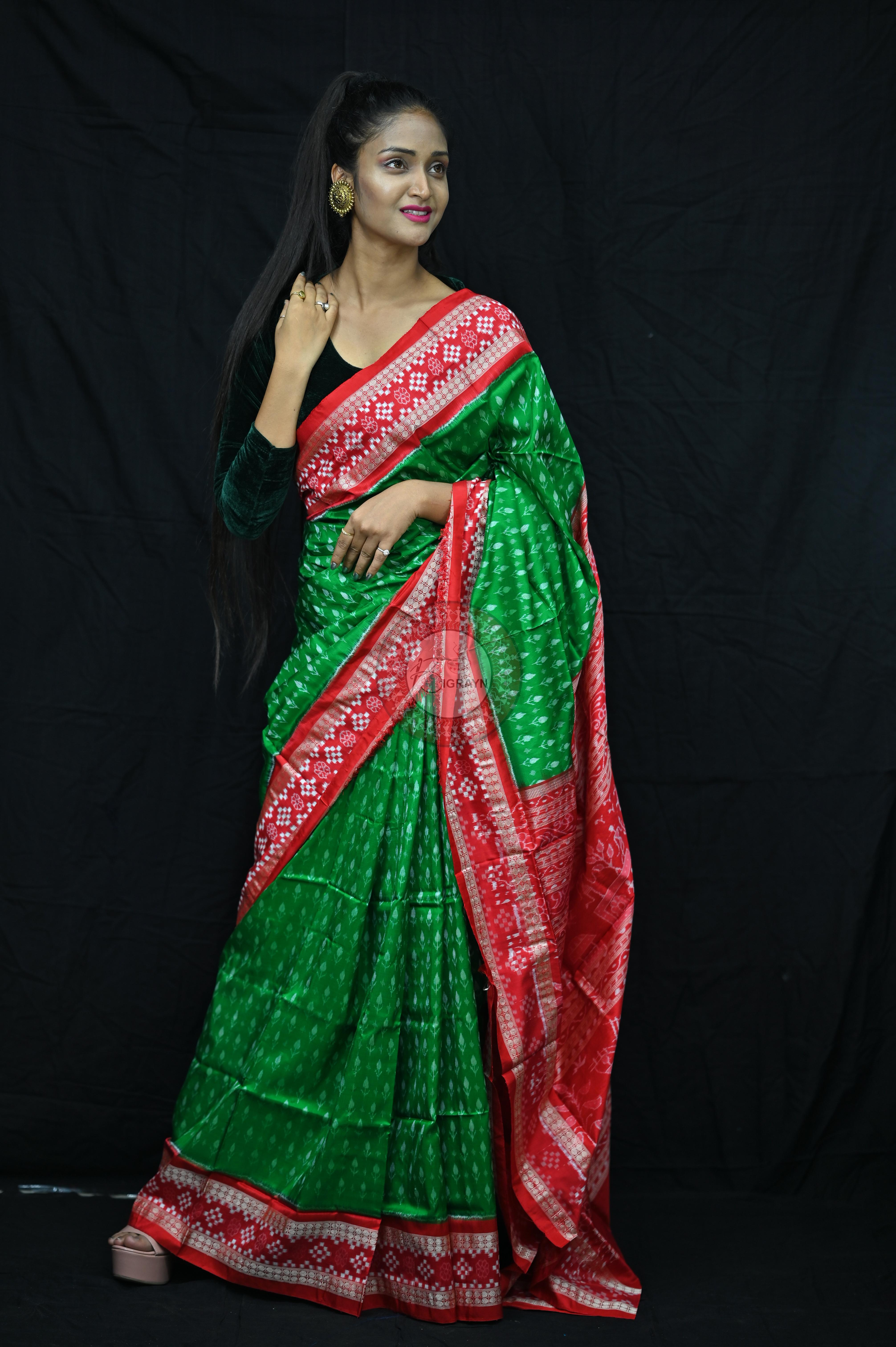 Green Red Flower Kadhi Sakta Border Sambalpuri Silk Saree