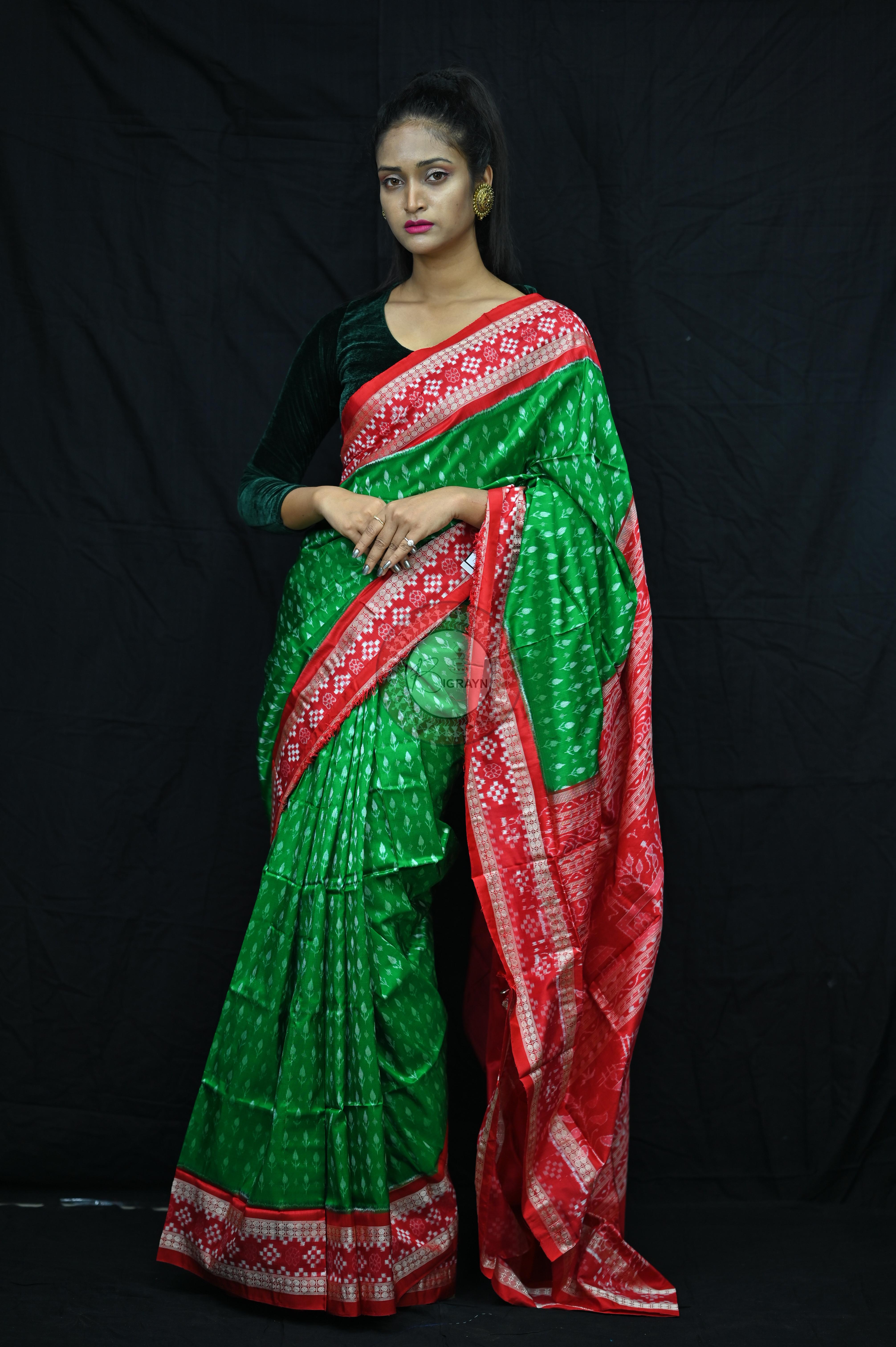 Green Red Flower Kadhi Sakta Border Sambalpuri Silk Saree