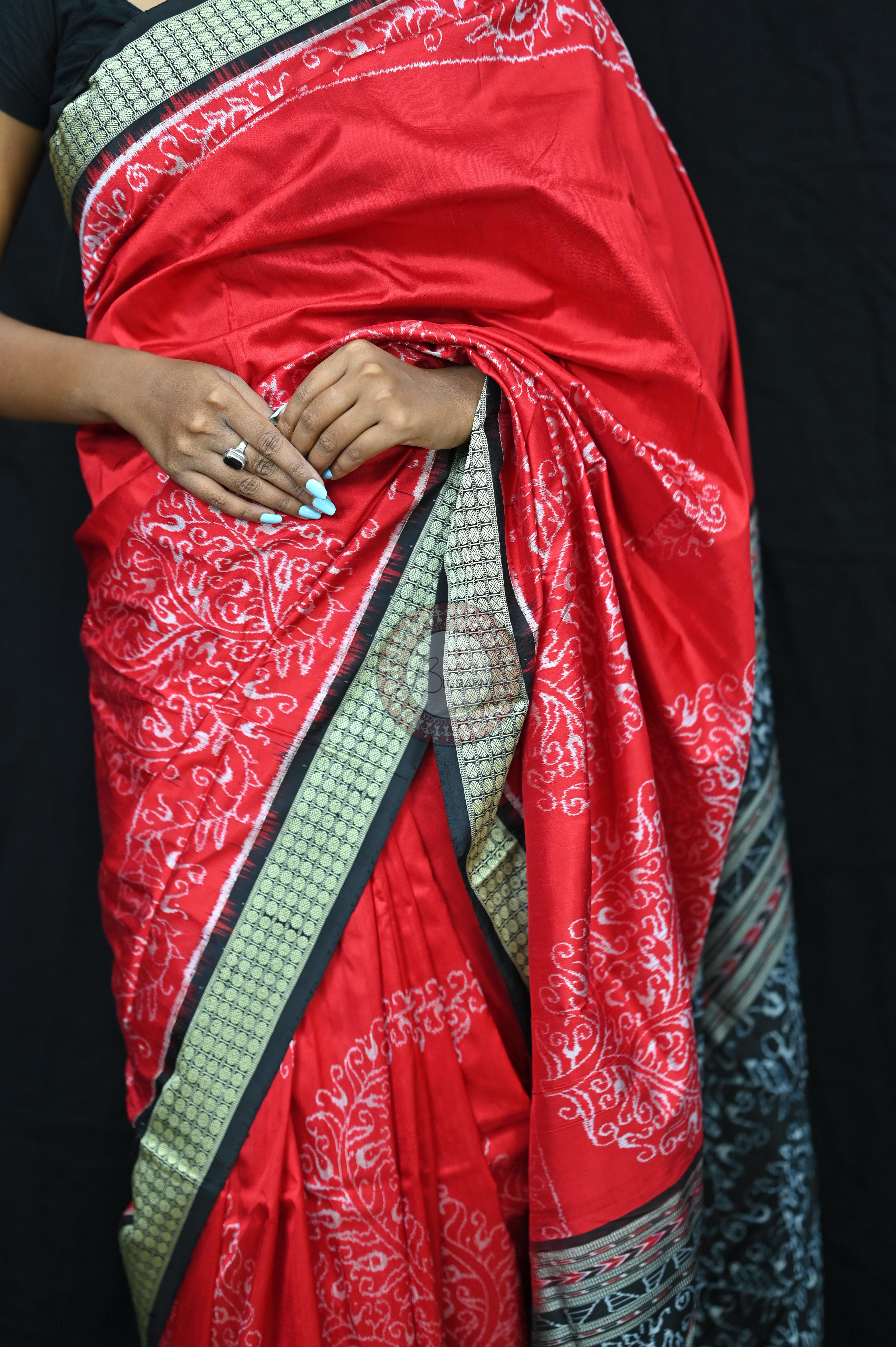 Red Sambalpuri Parsley (Ambua Patta) Sambalpuri Silk Sare