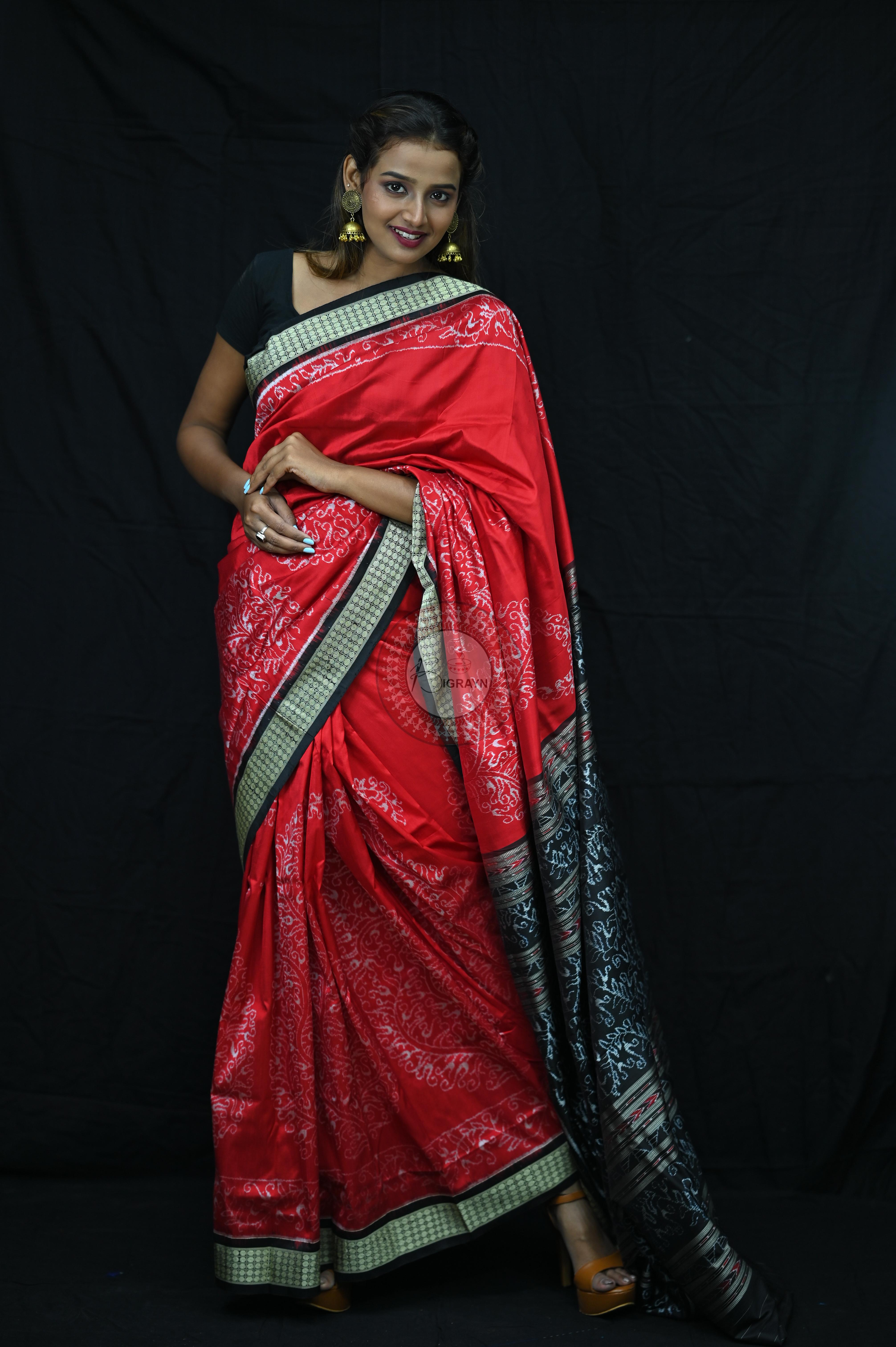 Red Sambalpuri Parsley (Ambua Patta) Sambalpuri Silk Sare