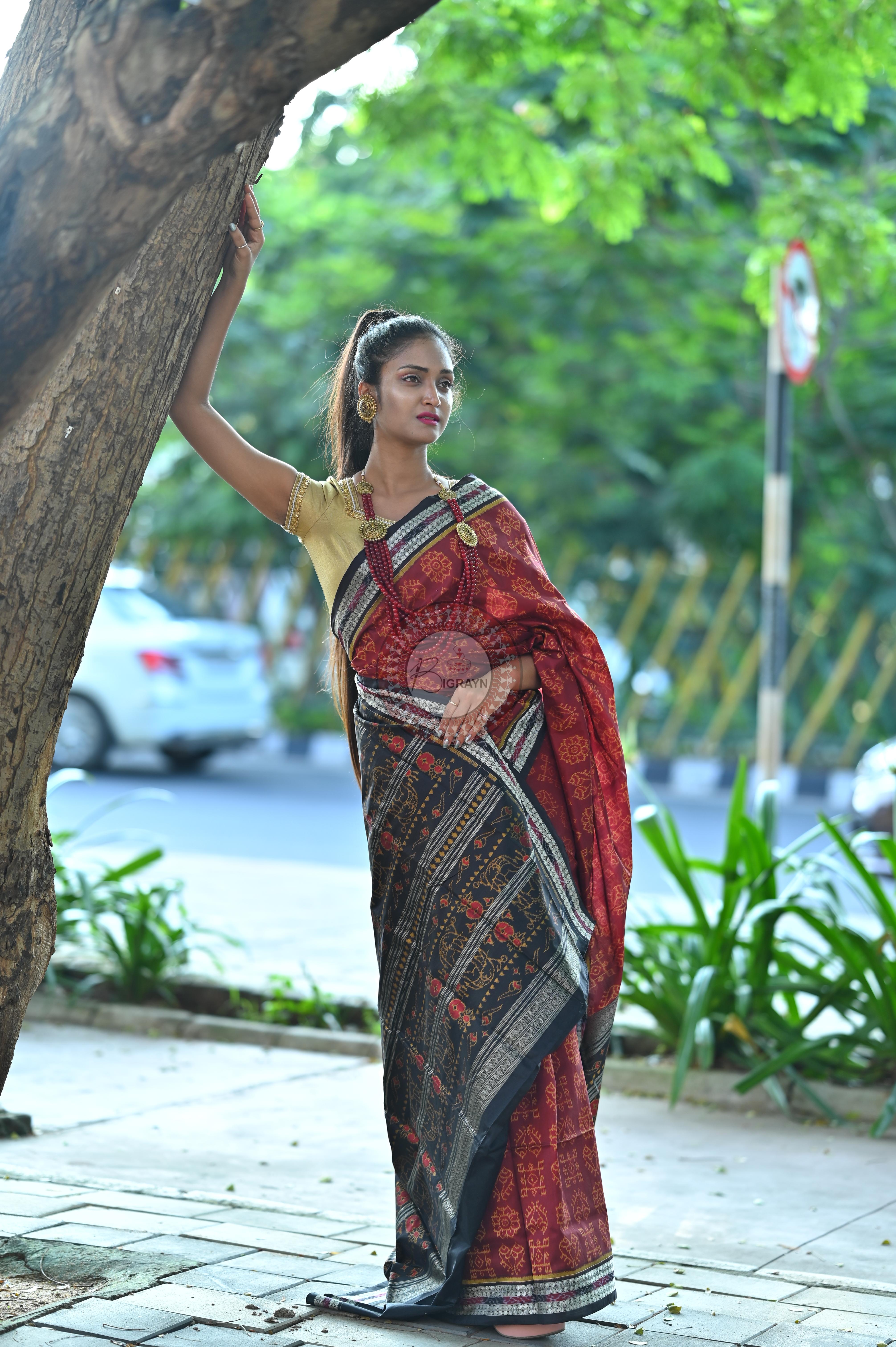 Maroon Black Laxmi Pada And Jhoti Sambalpuri Silk Saree