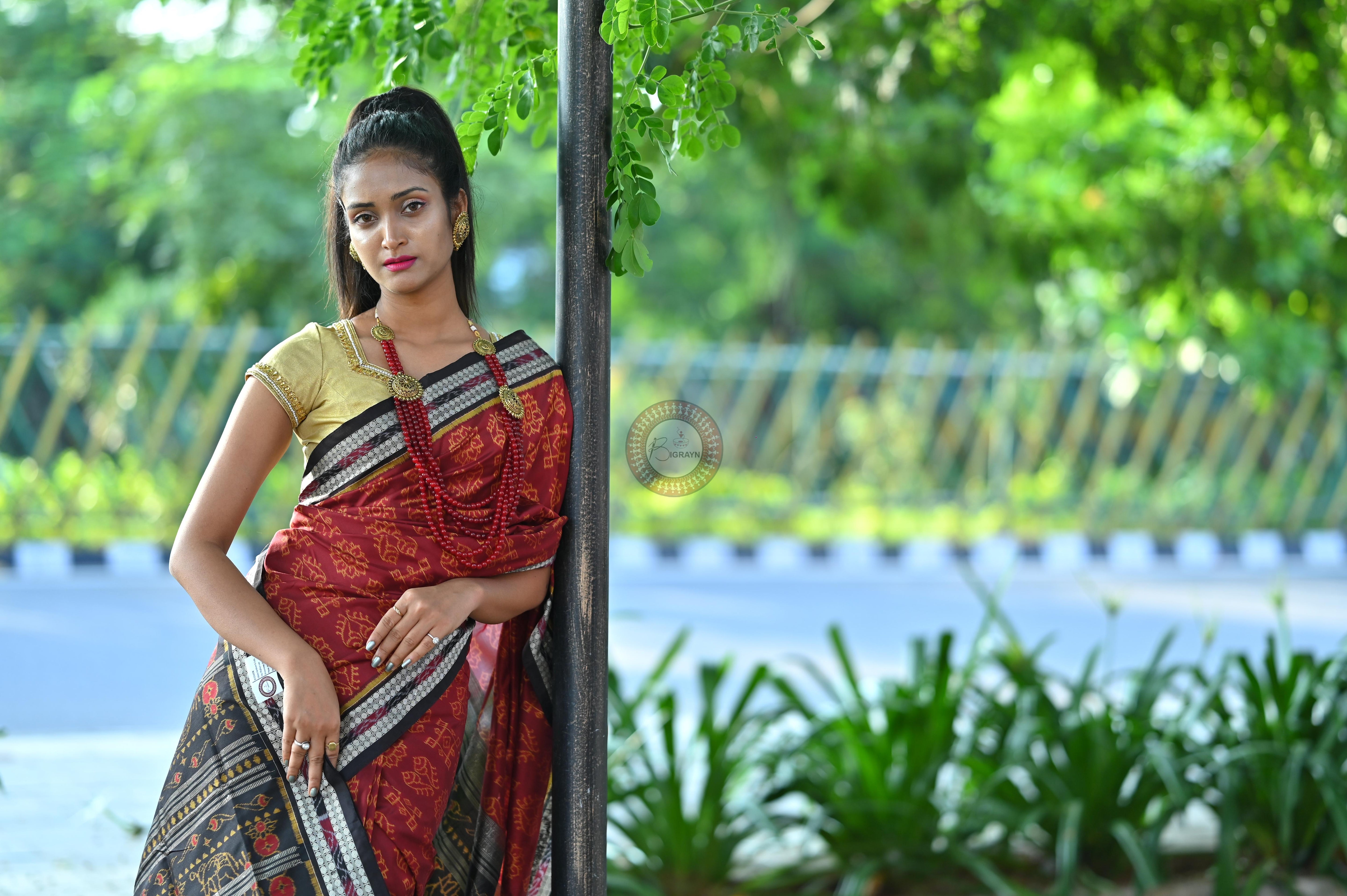 Maroon Black Laxmi Pada And Jhoti Sambalpuri Silk Saree
