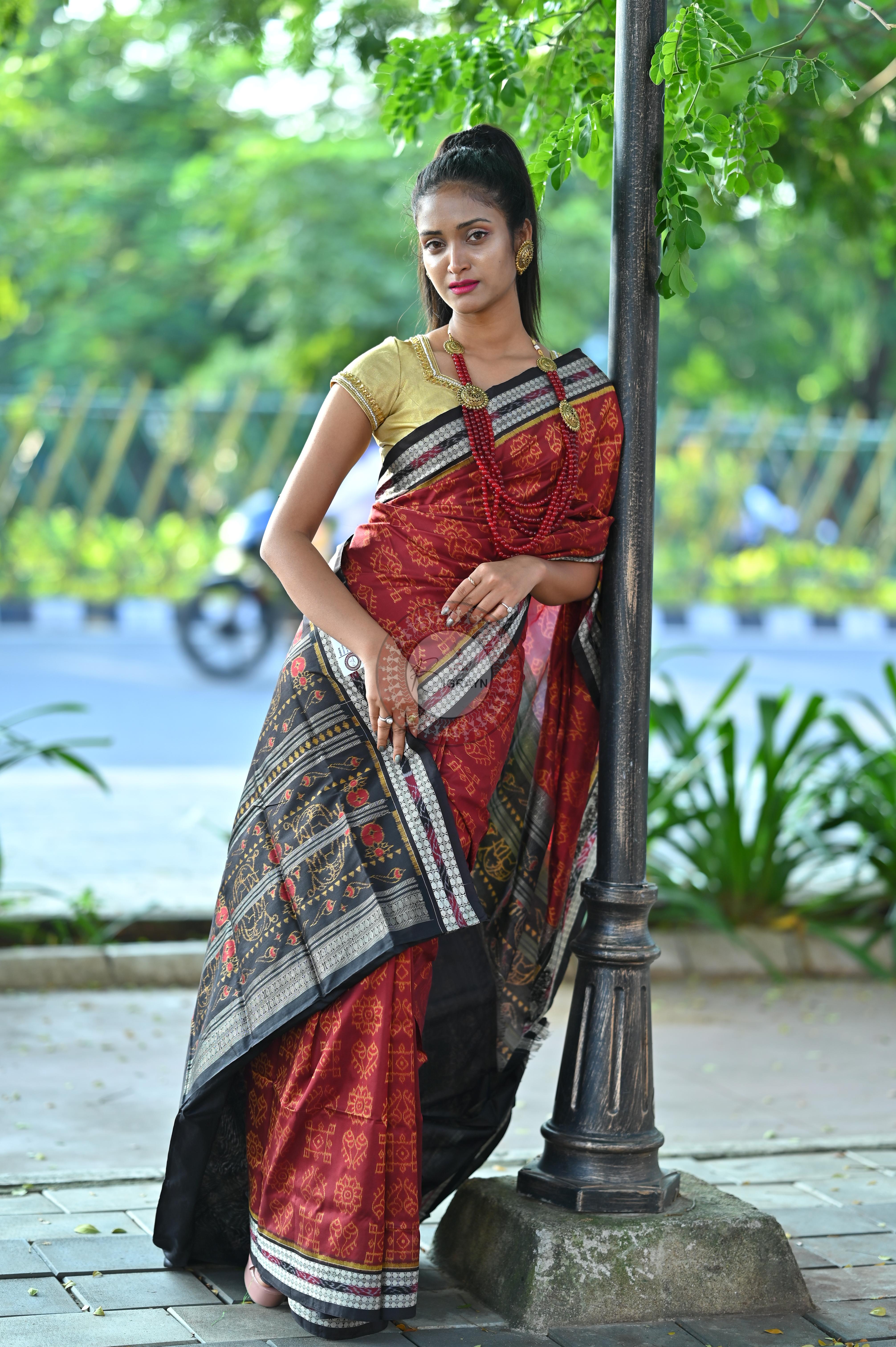 Maroon Black Laxmi Pada And Jhoti Sambalpuri Silk Saree