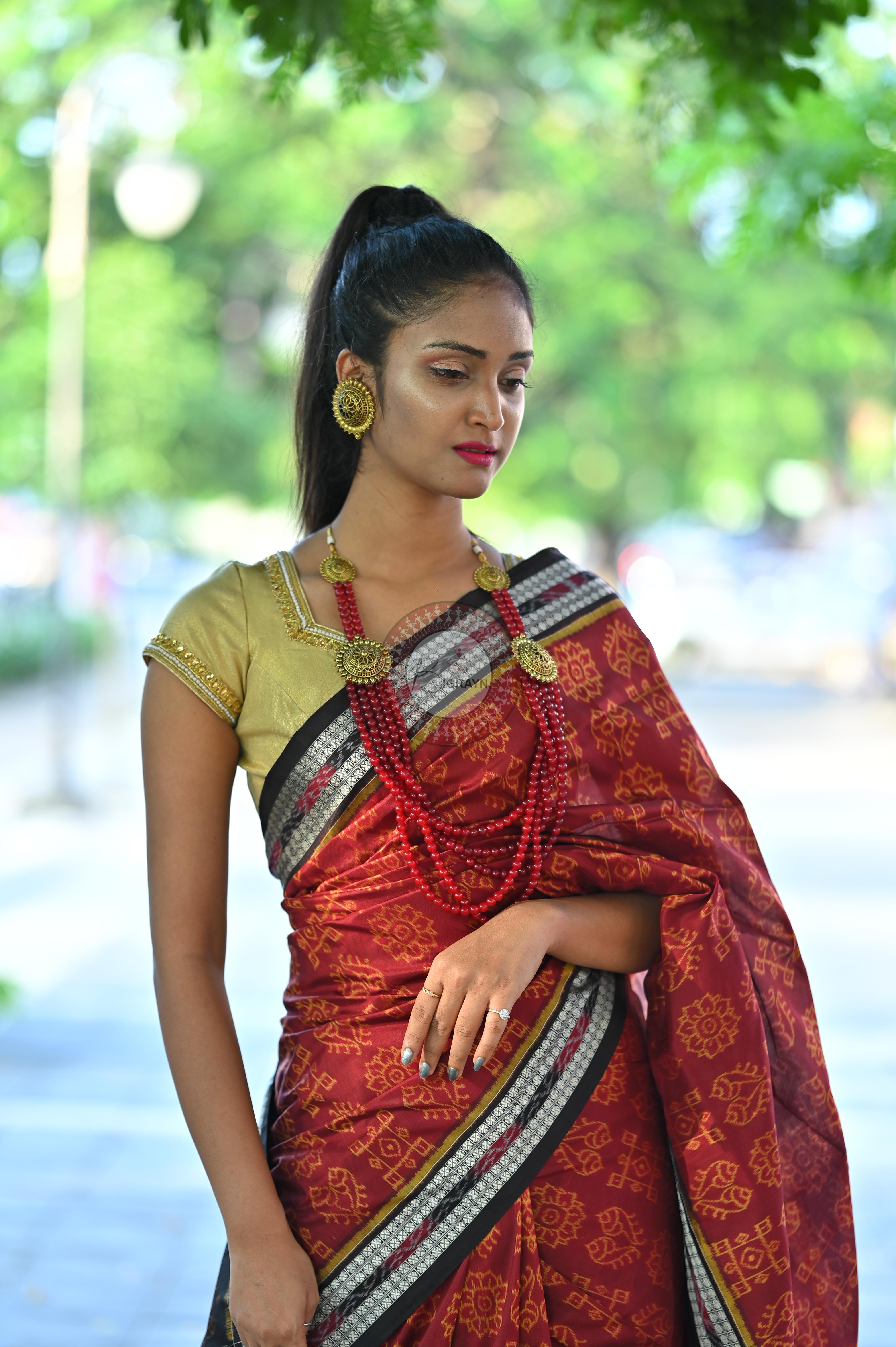 Maroon Black Laxmi Pada And Jhoti Sambalpuri Silk Saree