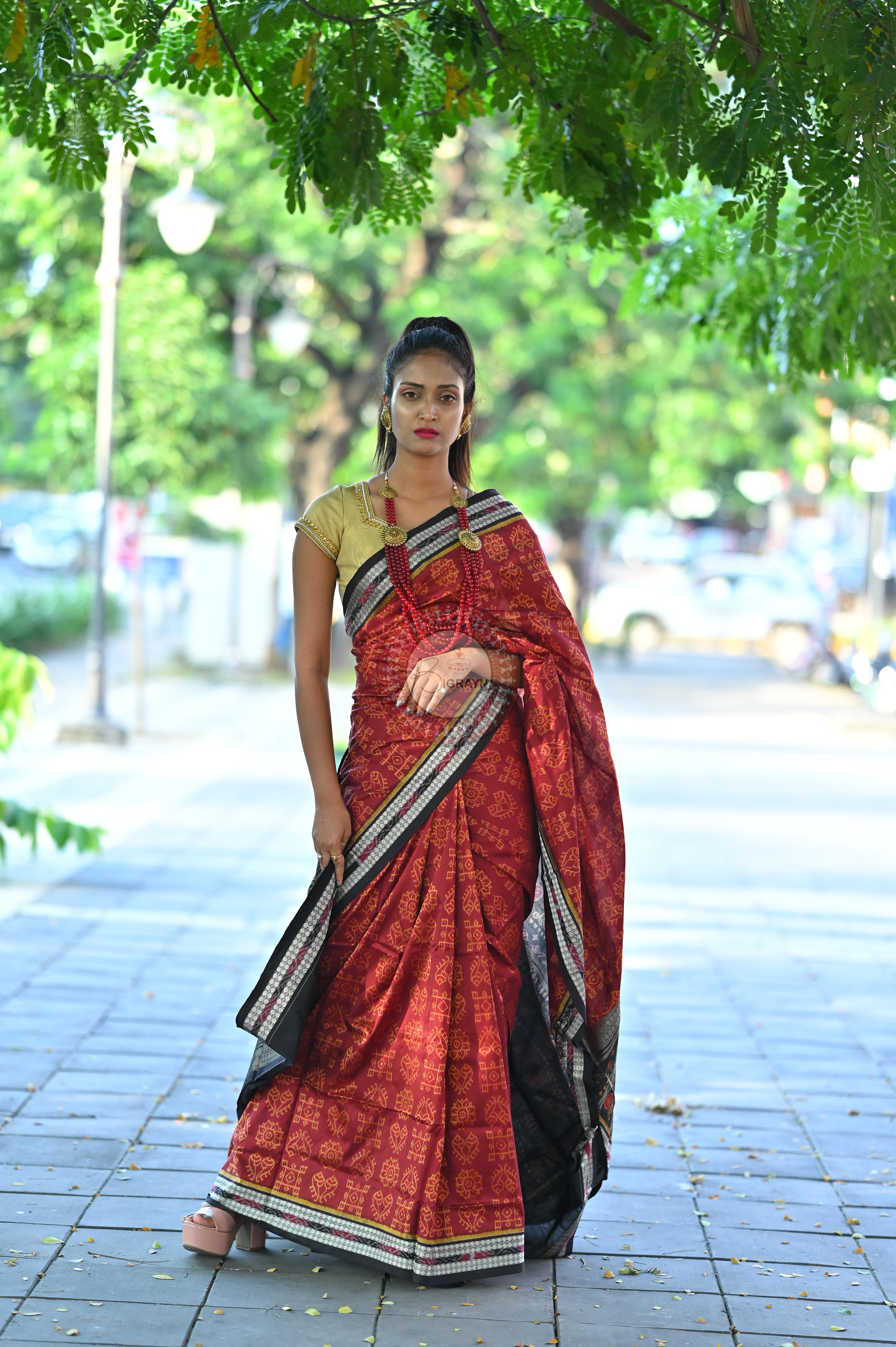 Maroon Black Laxmi Pada And Jhoti Sambalpuri Silk Saree