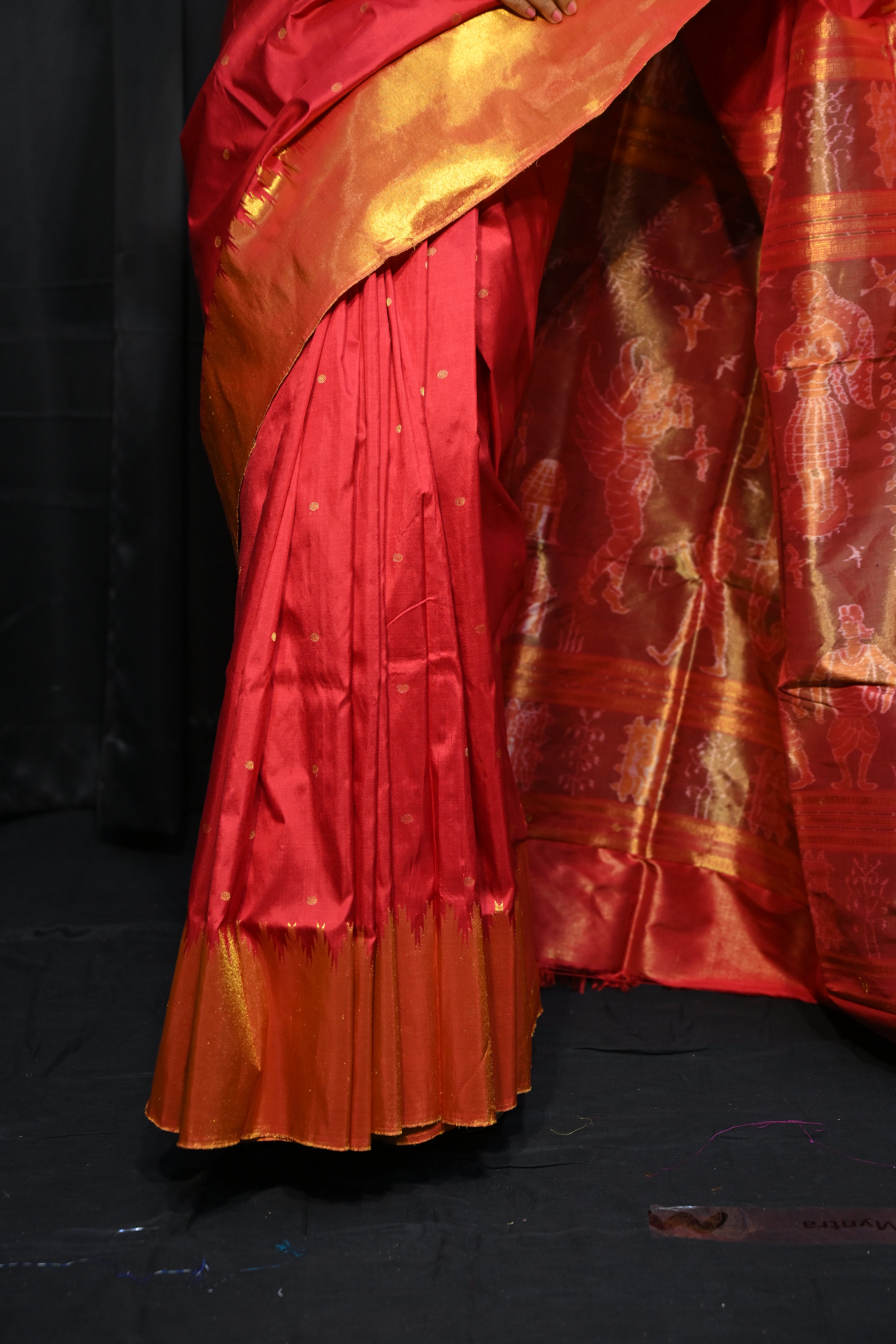 Red Golden Phoda Kumbha Half Tissue Sambalpuri Silk Saree