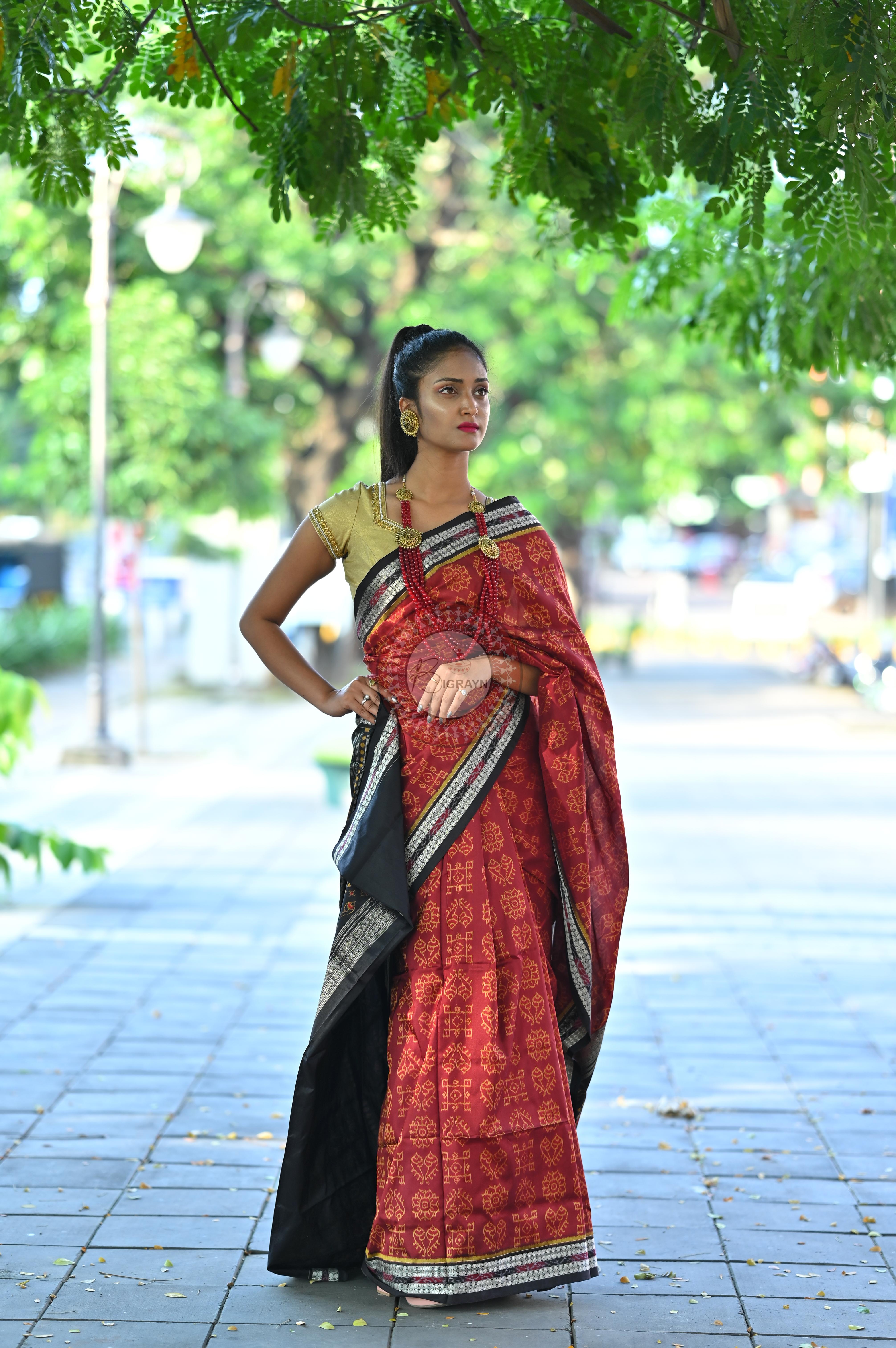 Maroon Black Laxmi Pada And Jhoti Sambalpuri Silk Saree