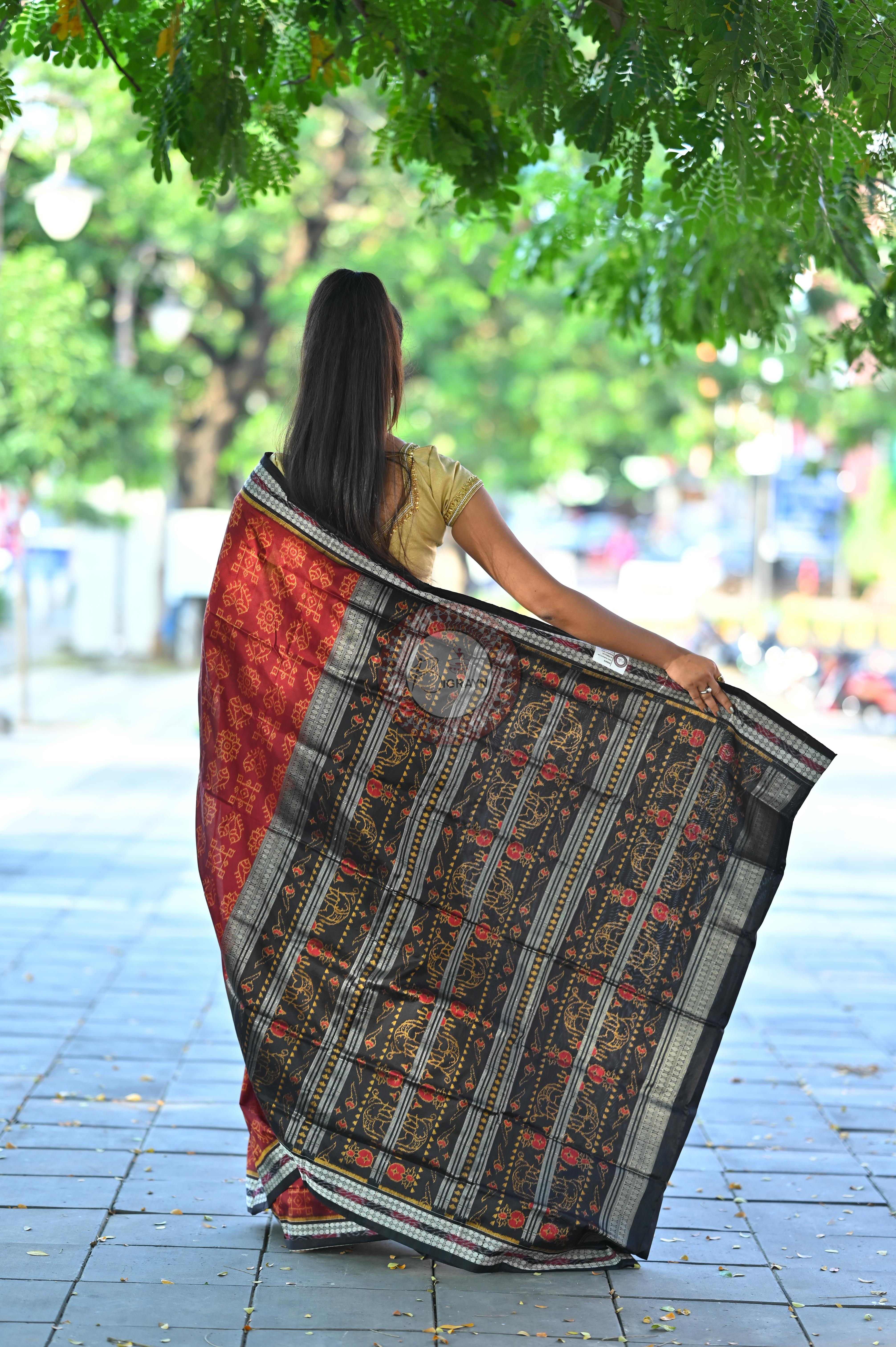 Maroon Black Laxmi Pada And Jhoti Sambalpuri Silk Saree