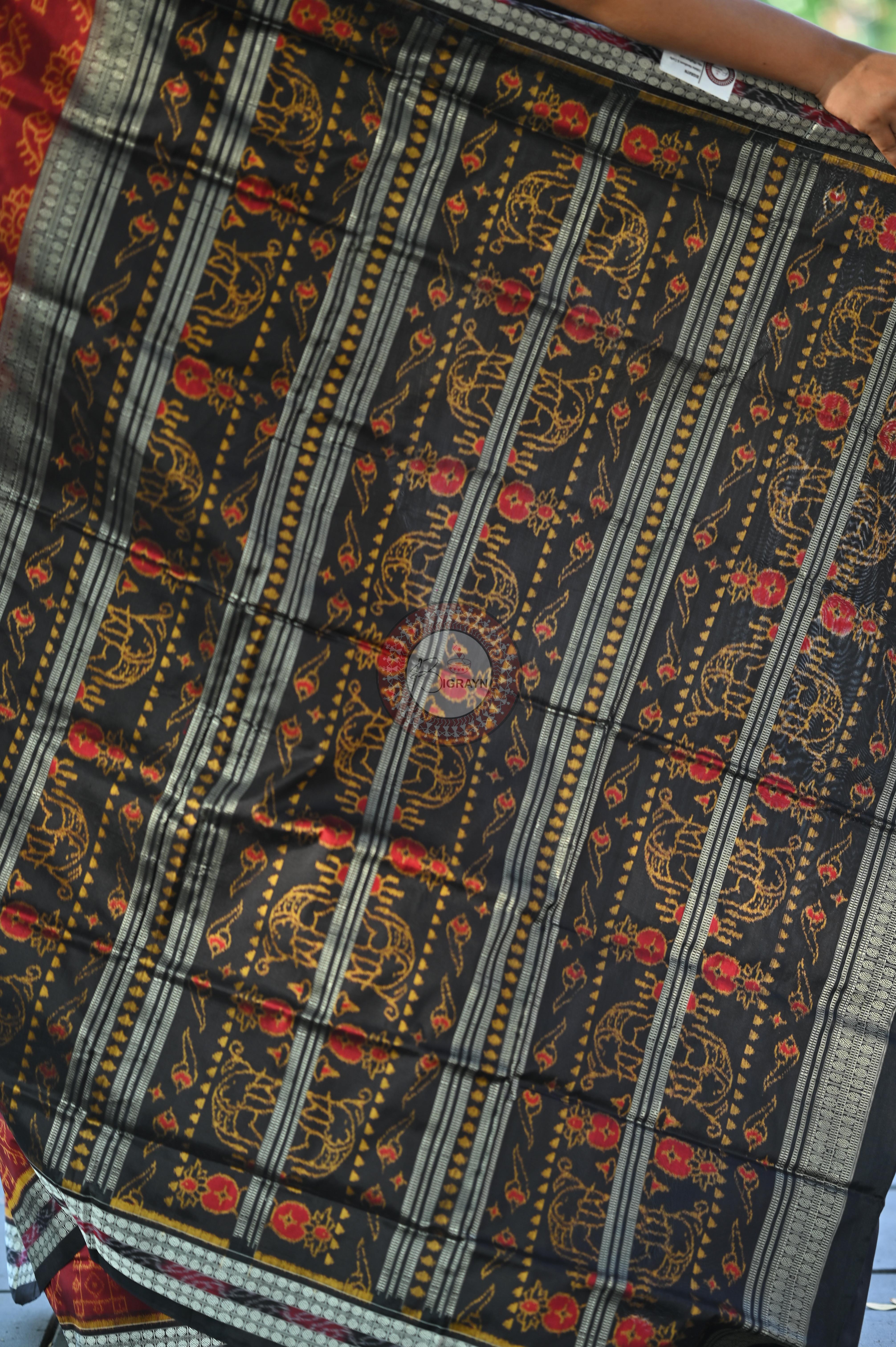 Maroon Black Laxmi Pada And Jhoti Sambalpuri Silk Saree