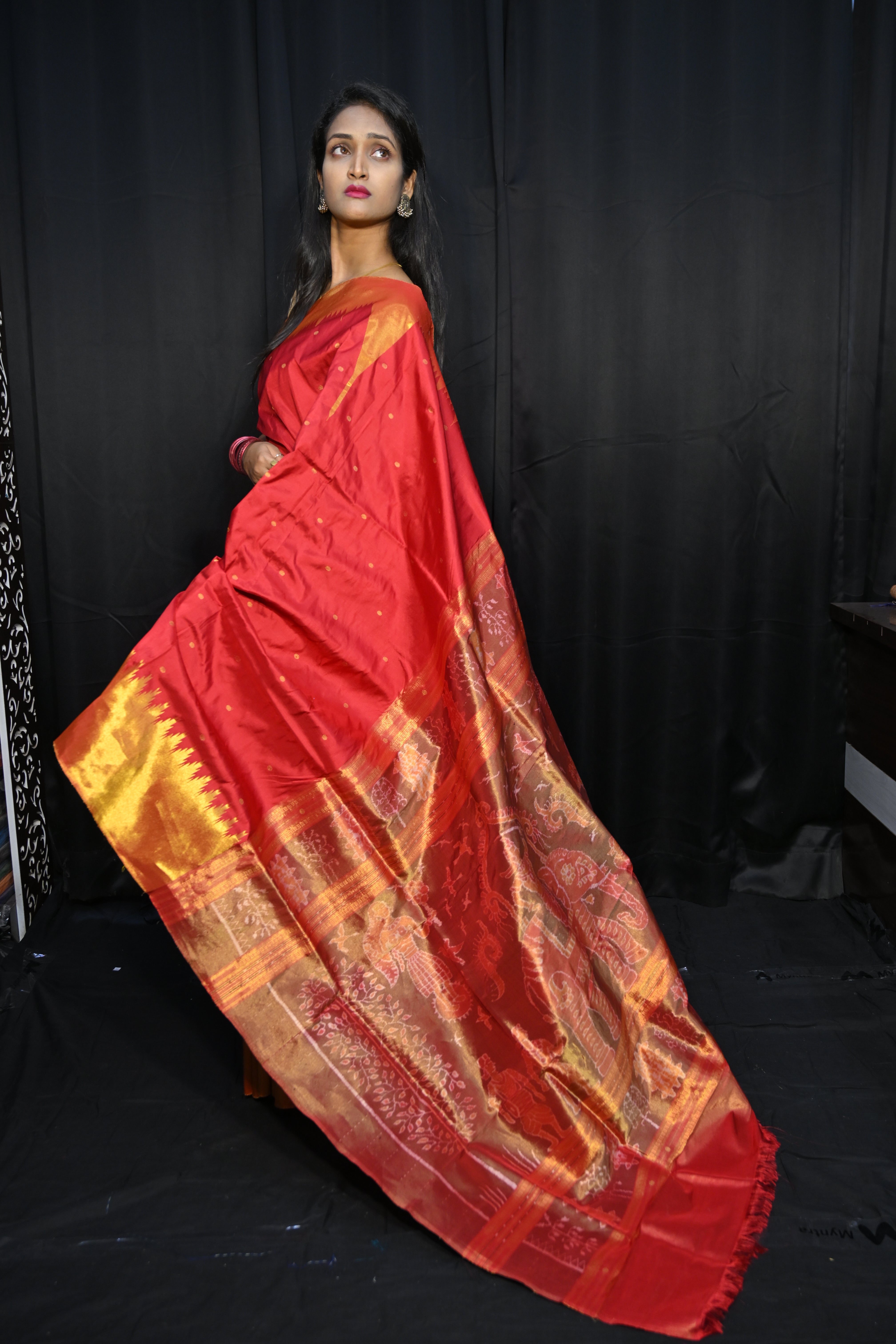 Red Golden Phoda Kumbha Half Tissue Sambalpuri Silk Saree