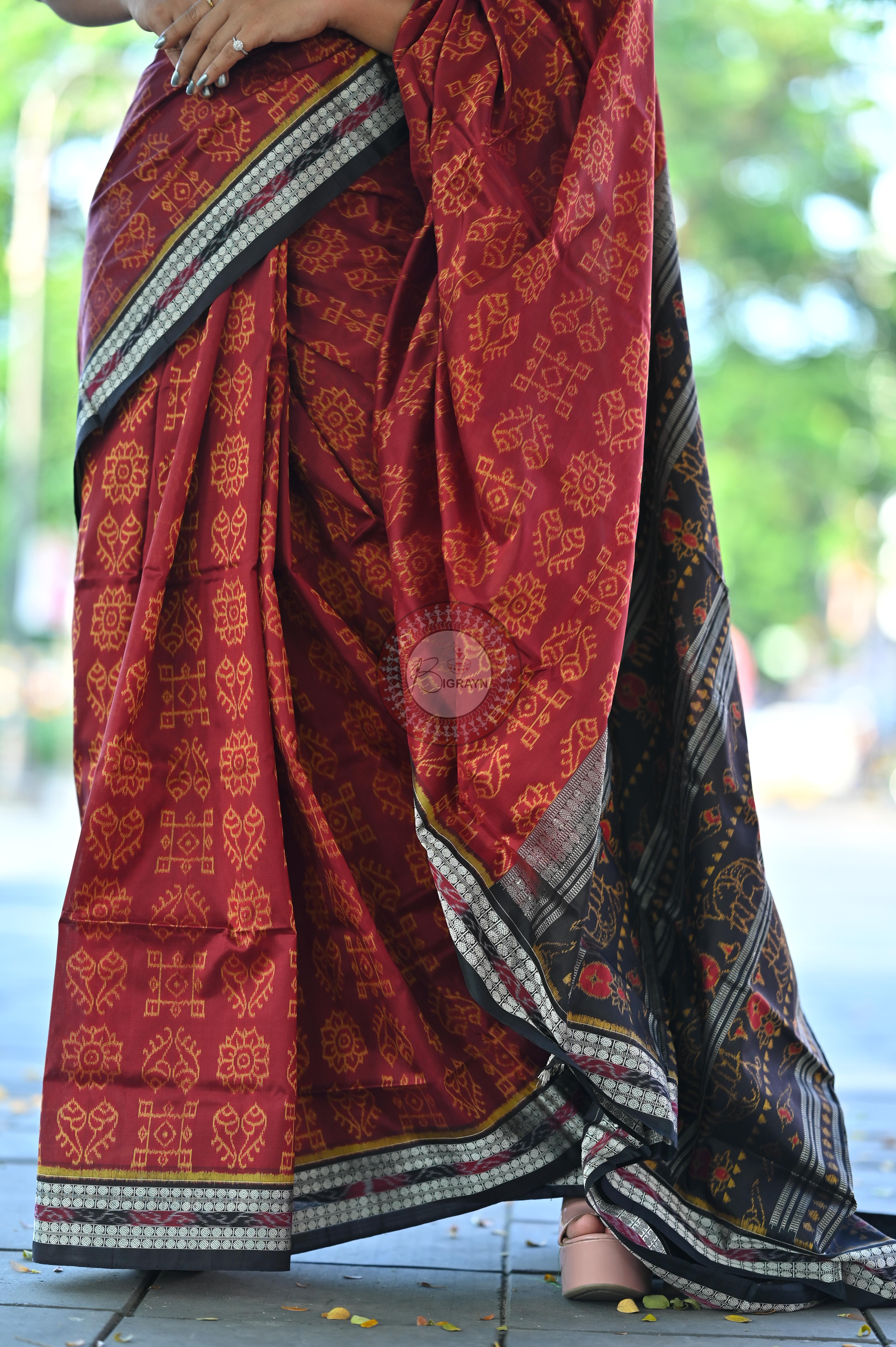 Maroon Black Laxmi Pada And Jhoti Sambalpuri Silk Saree