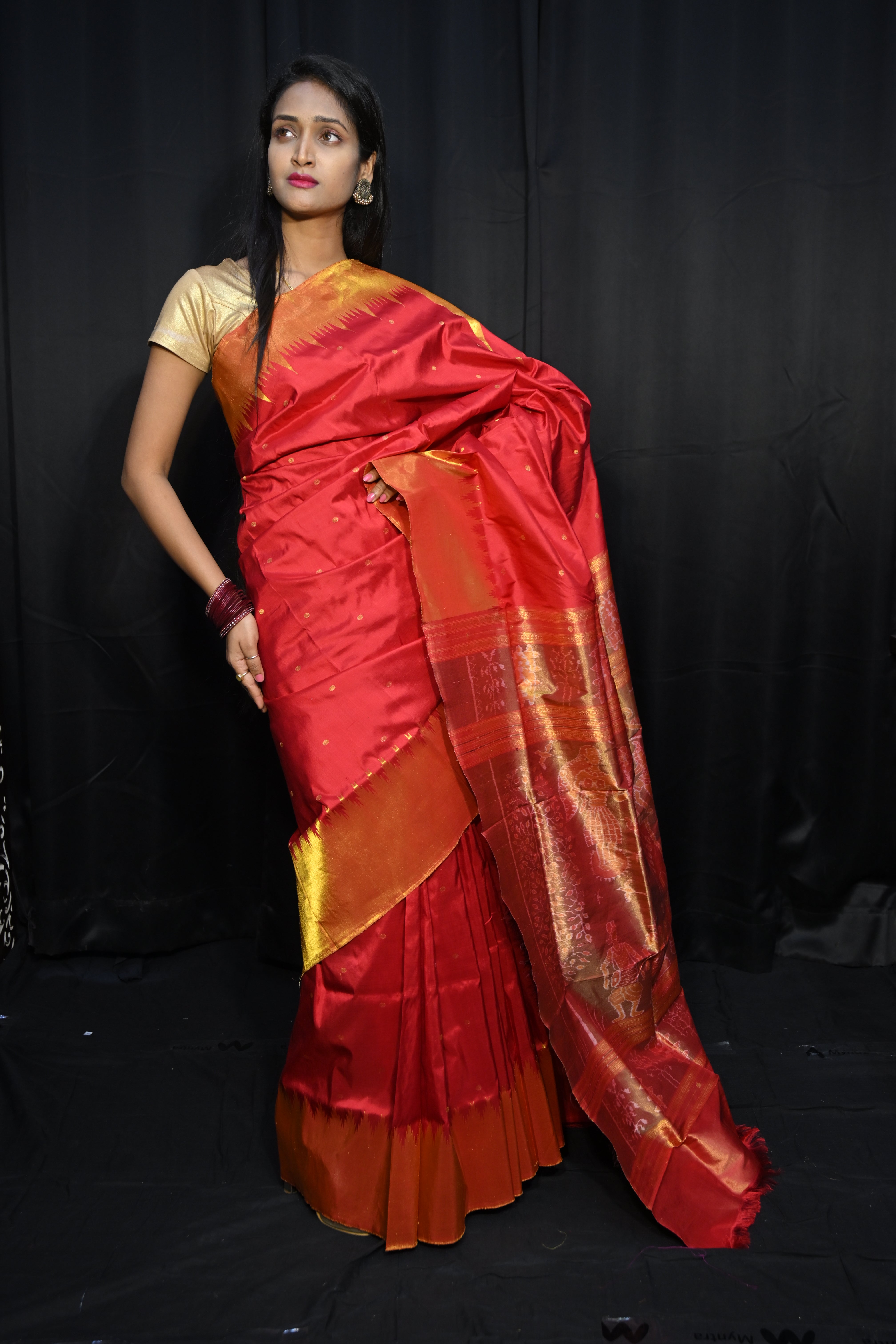 Red Golden Phoda Kumbha Half Tissue Sambalpuri Silk Saree