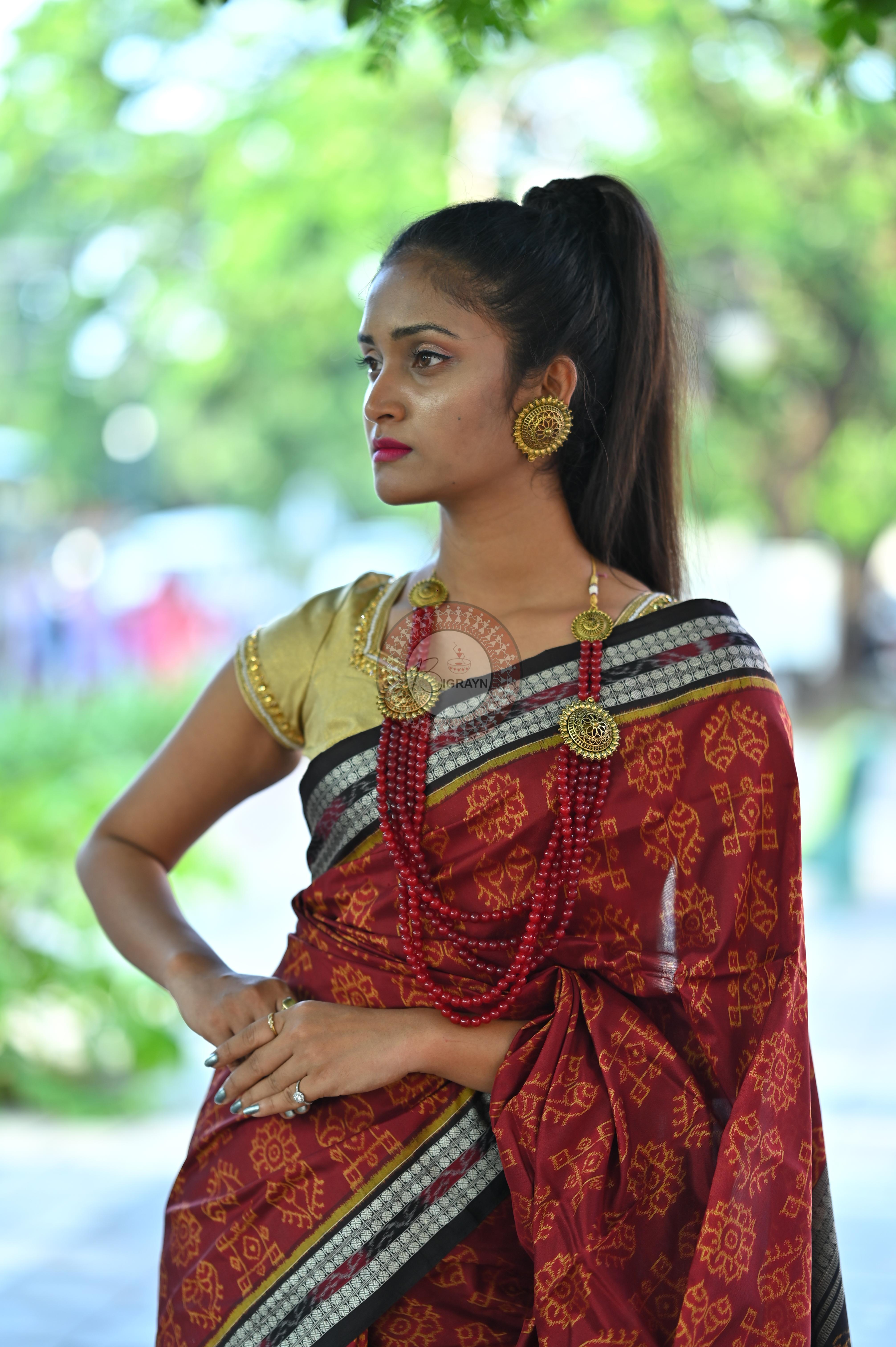 Maroon Black Laxmi Pada And Jhoti Sambalpuri Silk Saree