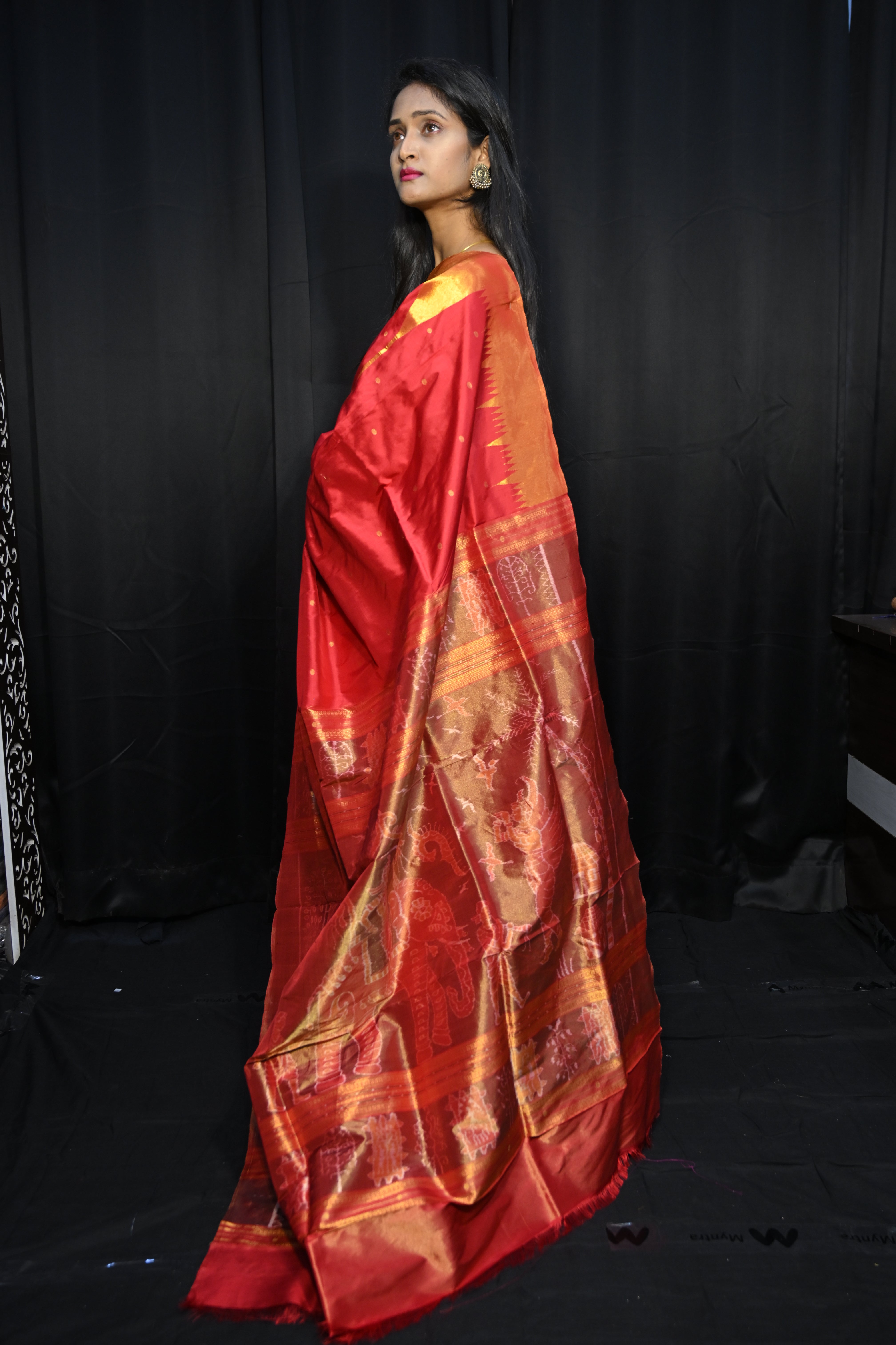Red Golden Phoda Kumbha Half Tissue Sambalpuri Silk Saree