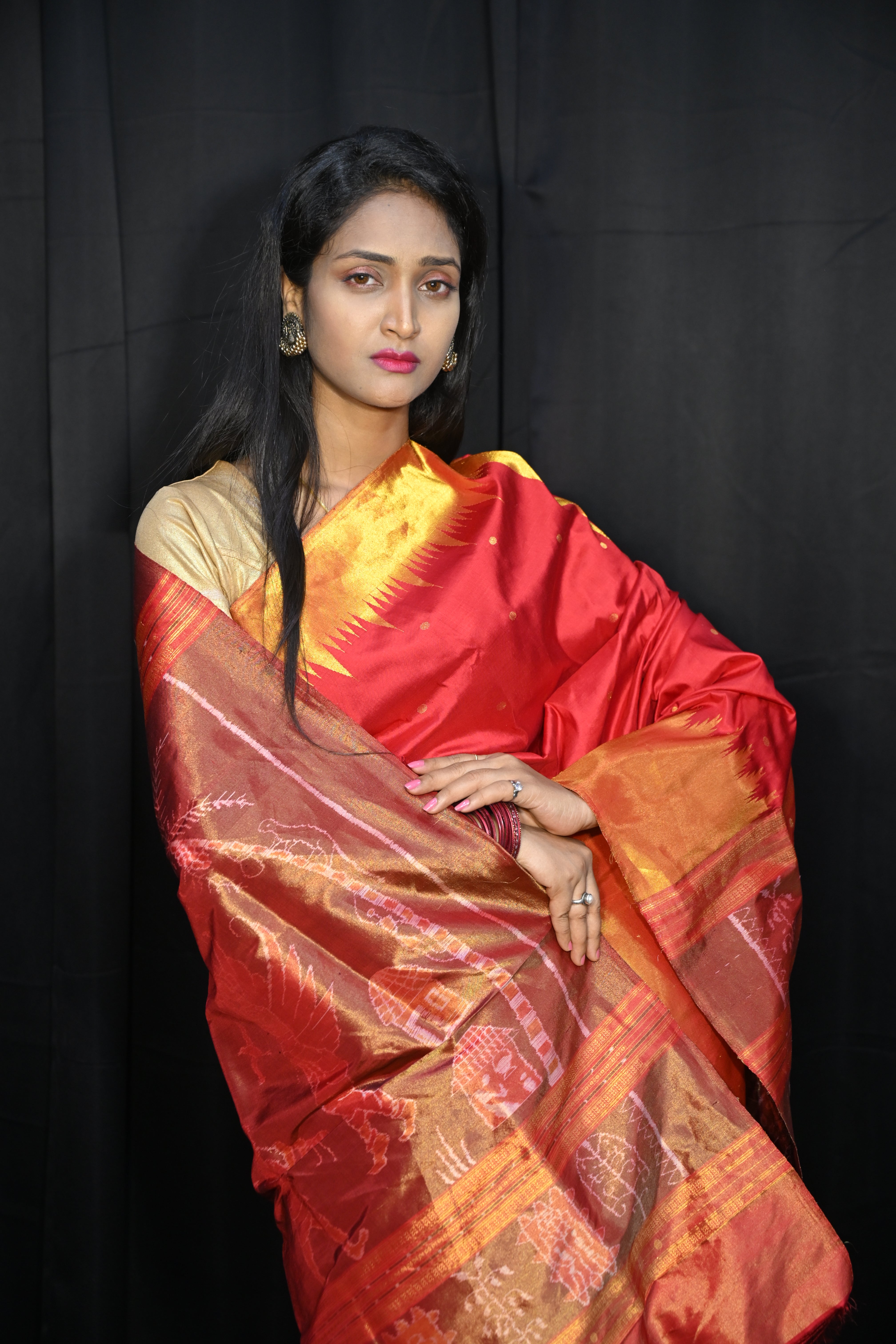 Red Golden Phoda Kumbha Half Tissue Sambalpuri Silk Saree
