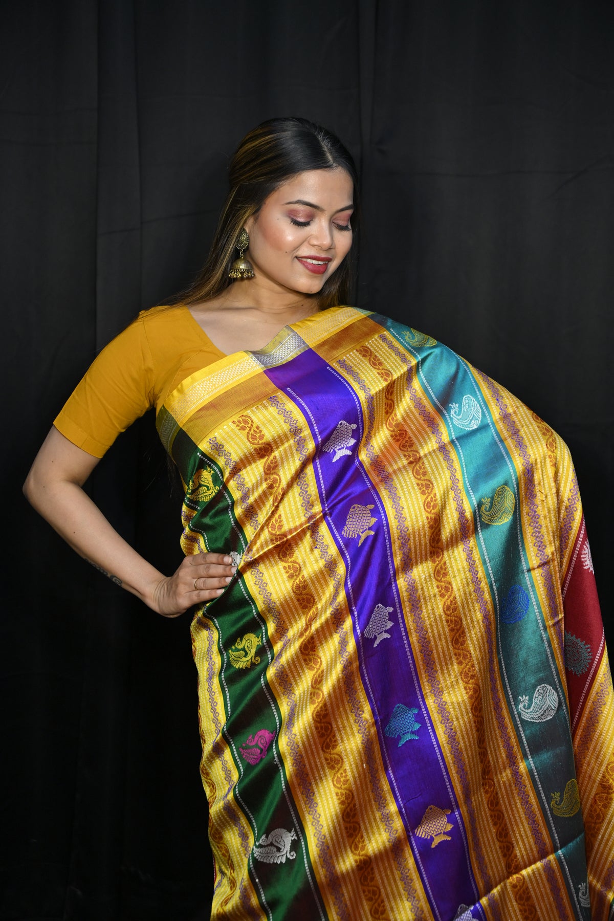 Coffee Yellow Multi Colour Double Anchal Berhampuri Silk Saree