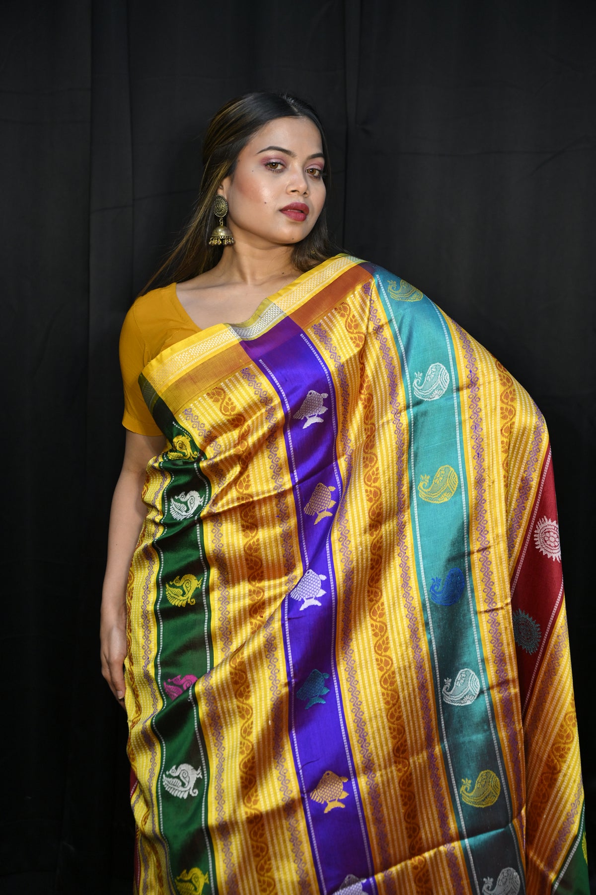 Coffee Yellow Multi Colour Double Anchal Berhampuri Silk Saree